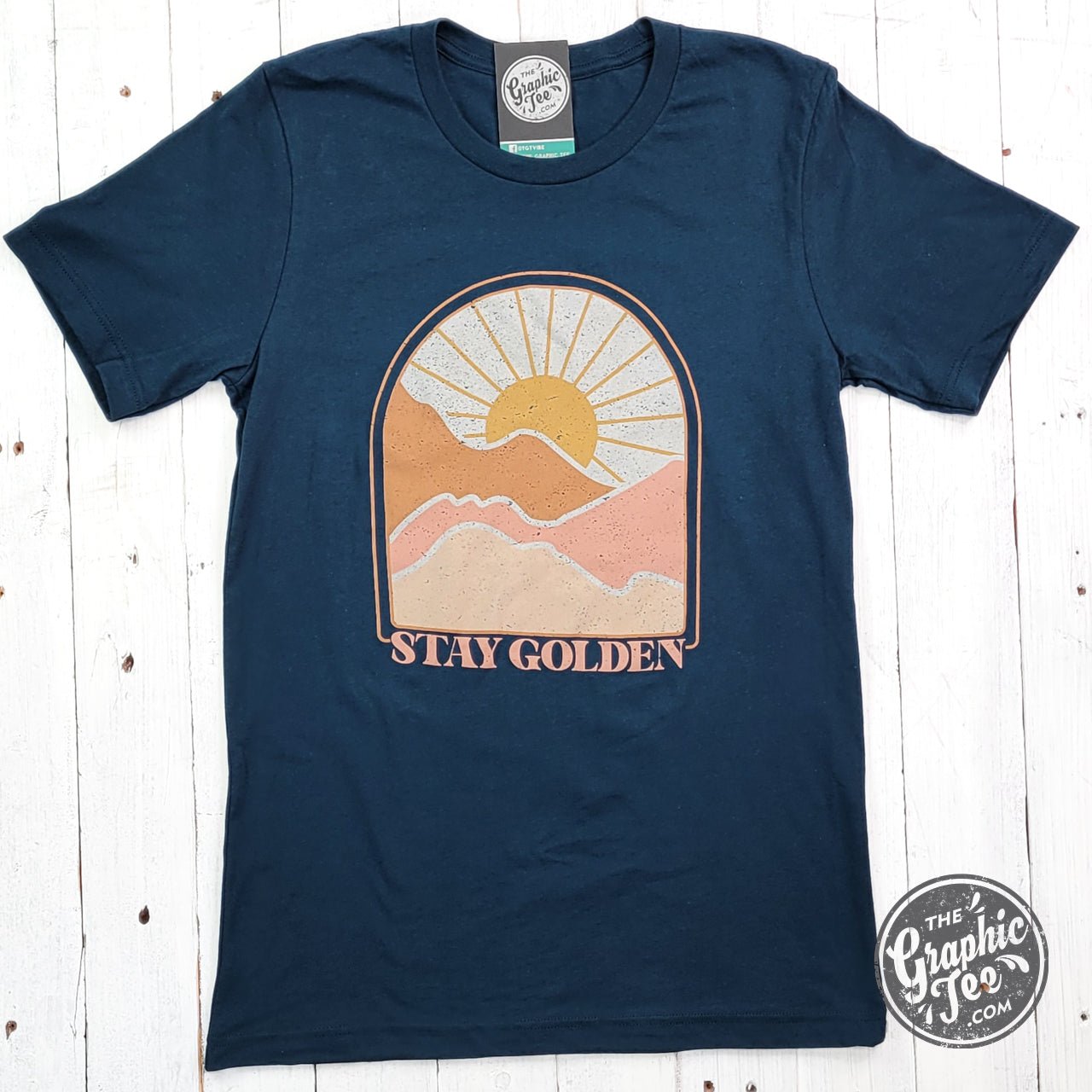 Stay Golden Atlantic color short sleeve graphic tee by The Graphic Tee, featuring a vibrant, casual T-shirt with a stylish design.