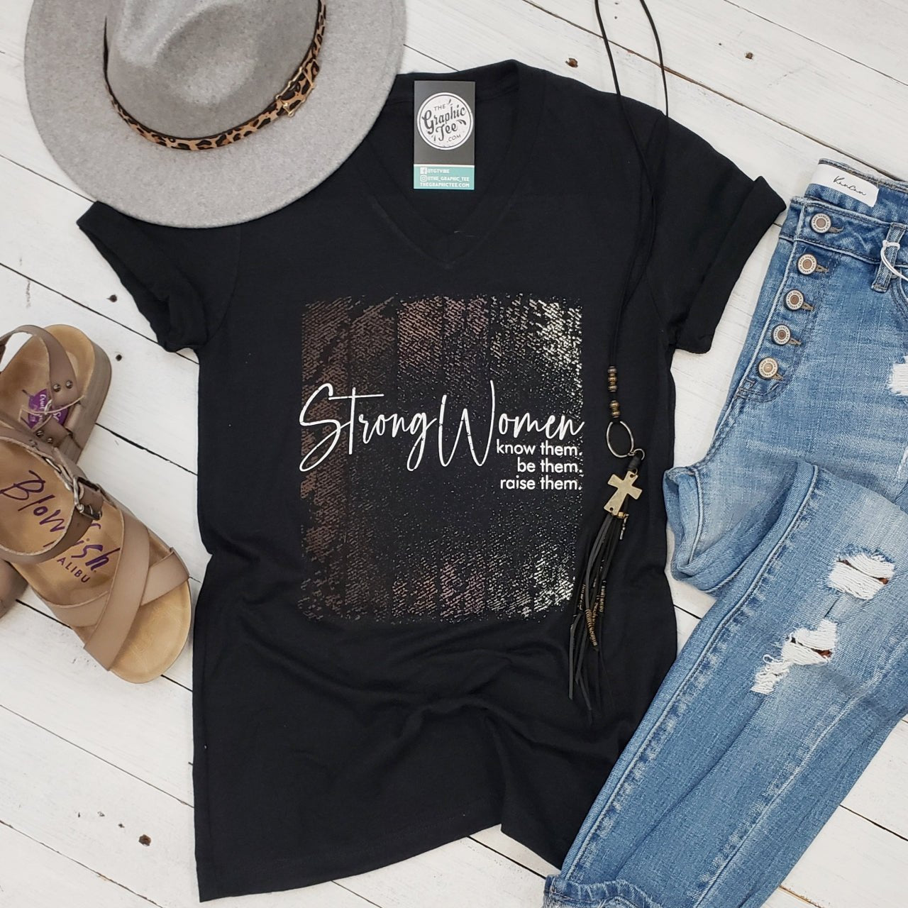 Women wearing The Graphic Tee's Strong Women V Neck SS Graphic Tee, featuring a stylish V neckline and empowering design.