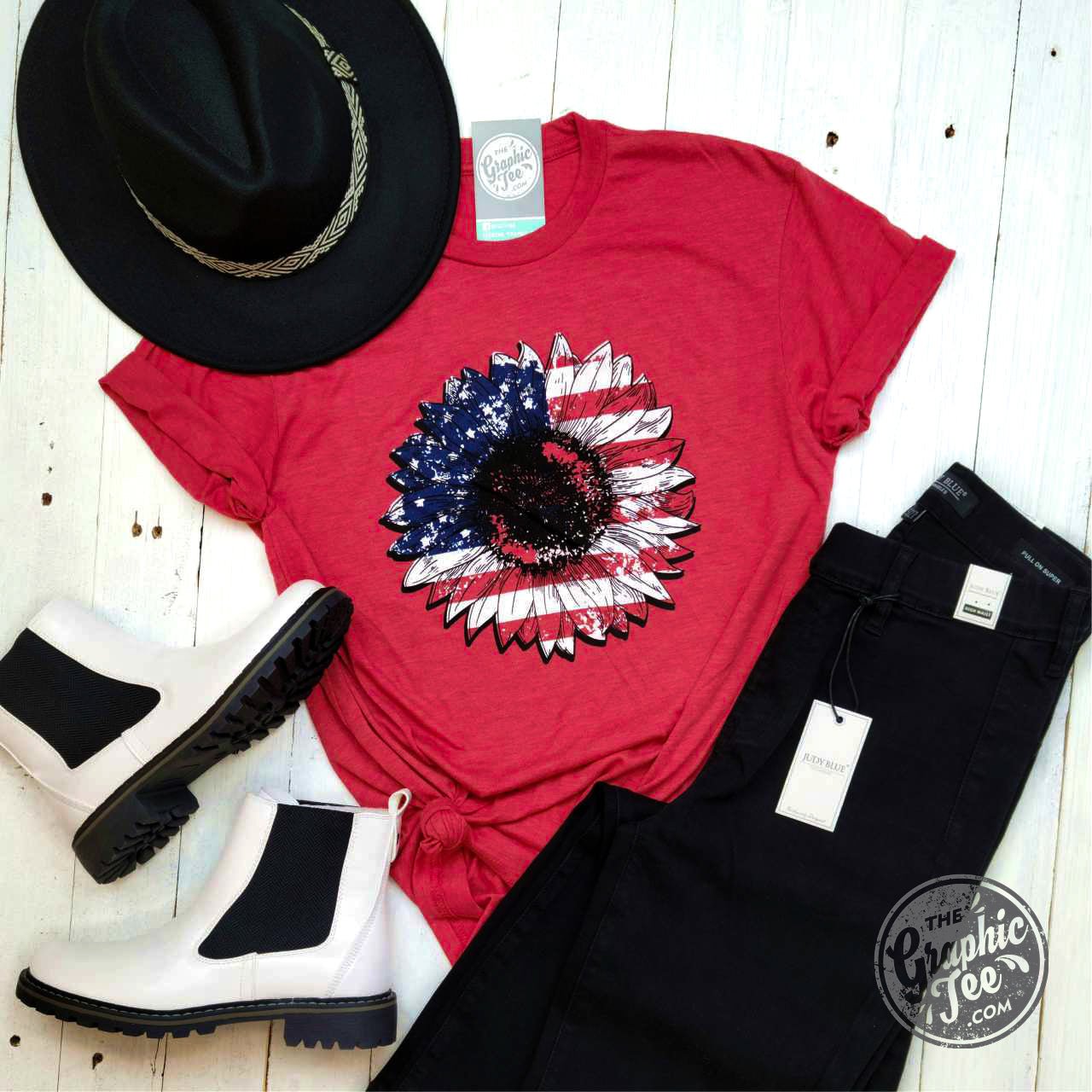 Vintage red SS graphic tee featuring a sunflower flag design, by The Graphic Tee, showcasing vibrant sunflower and flag print.