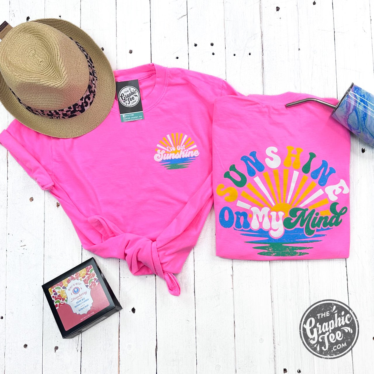 Sunshine On My Mind neon pink garment dyed graphic SS tee by The Graphic Tee, showing vibrant color and casual fit.