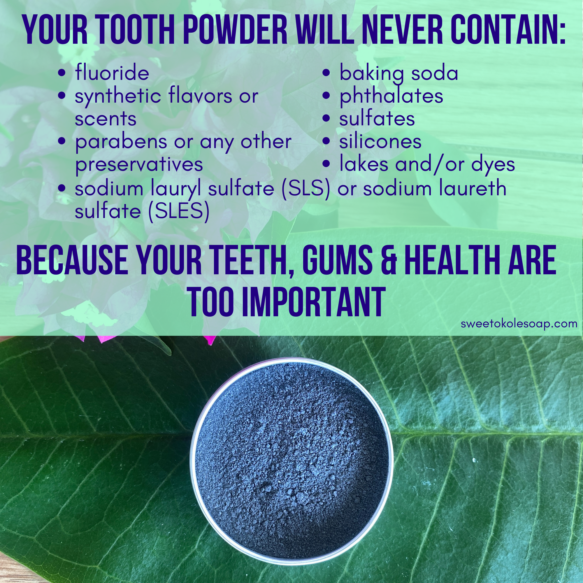 Unflavored charcoal tooth powder with 5% hydroxyapatite by Sweet ʻŌkole Soap, showing the powder in a natural container.