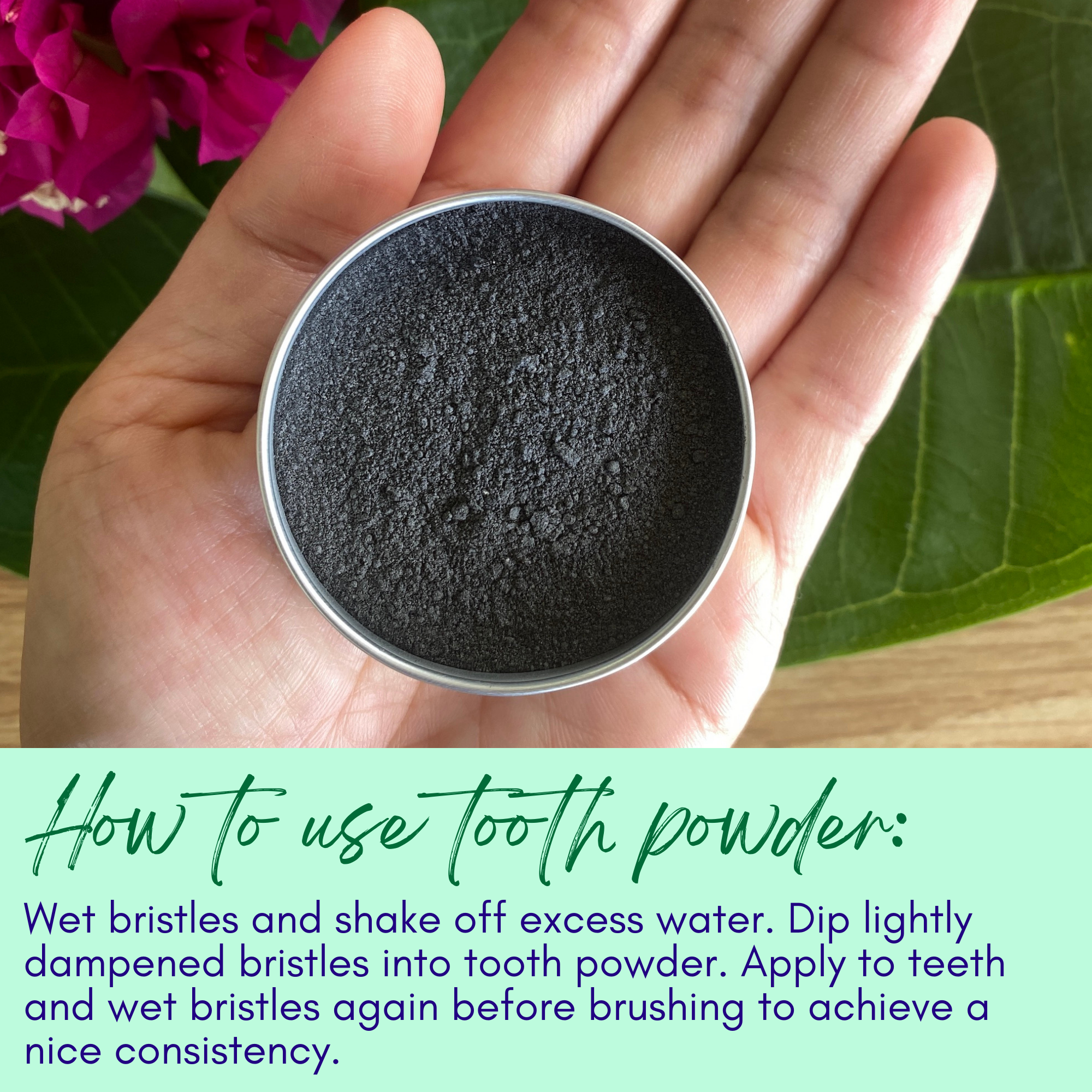 Unflavored Charcoal Tooth Powder by Sweet ʻŌkole Soap with 5% Hydroxyapatite, showing the product in a natural setting