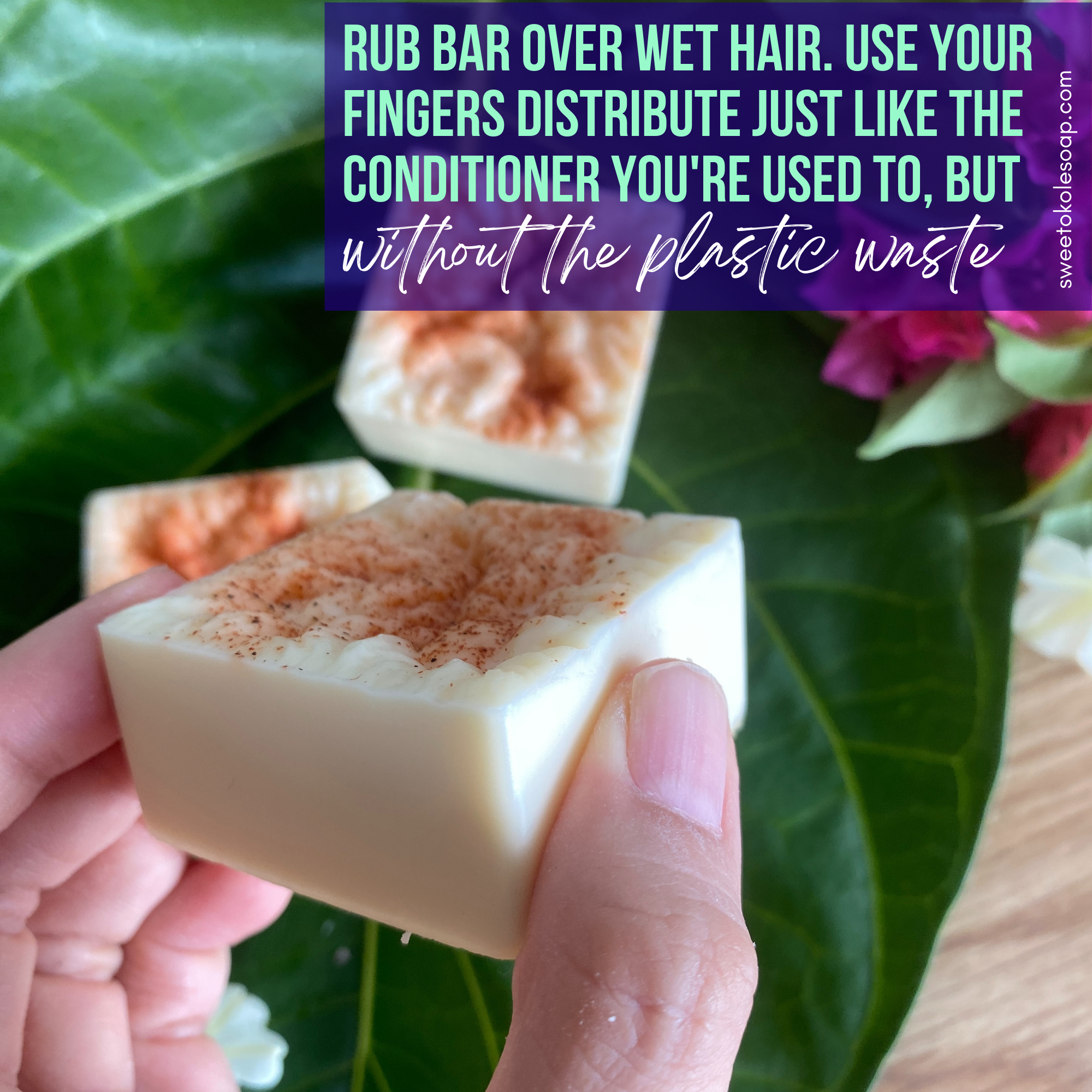 Conditioner bar with Mamaki and Lemongrass botanicals from Sweet ʻŌkole Soap, showcasing the herbal, natural beauty of the product.