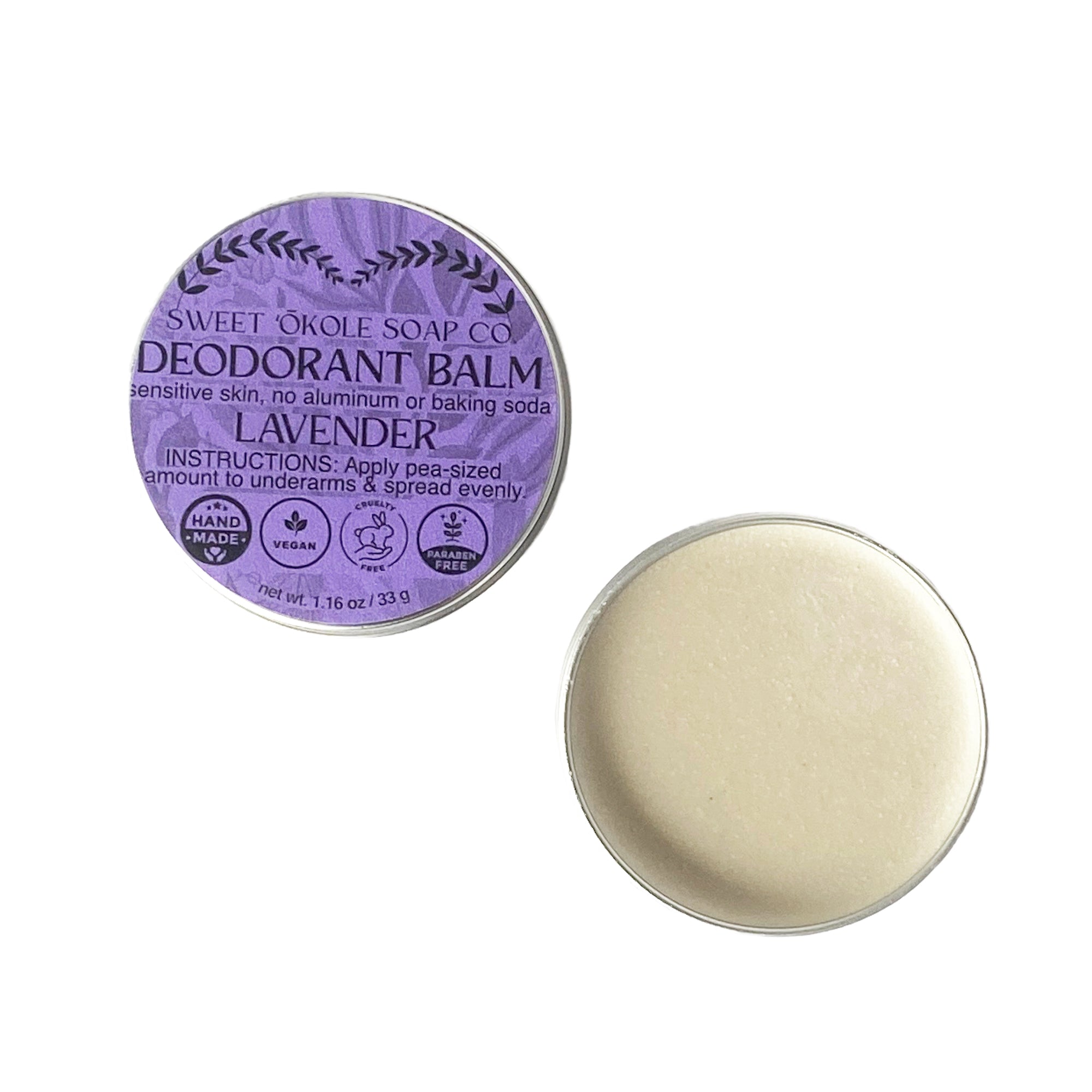 Lavender aluminum-free deodorant by Sweet ʻŌkole Soap for sensitive skin, with a sleek natural container and lavender scent.
