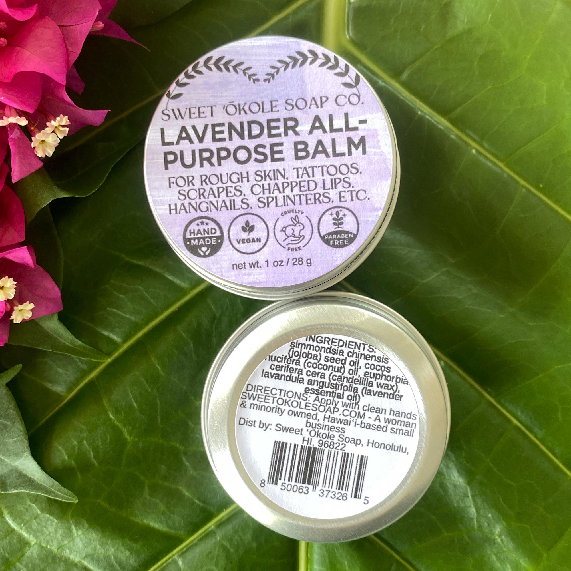 Lavender balm by Sweet ʻŌkole Soap, calming essential oil salve in a small jar with lavender flowers and herbal ingredients.