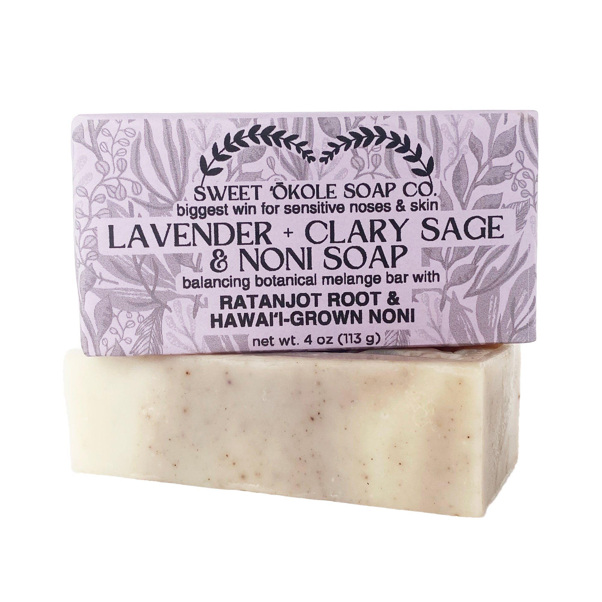 Lavender and Clary Sage soap by Sweet ʻŌkole Soap with Noni and essential oils, showing a bar of soap with lavender flowers.