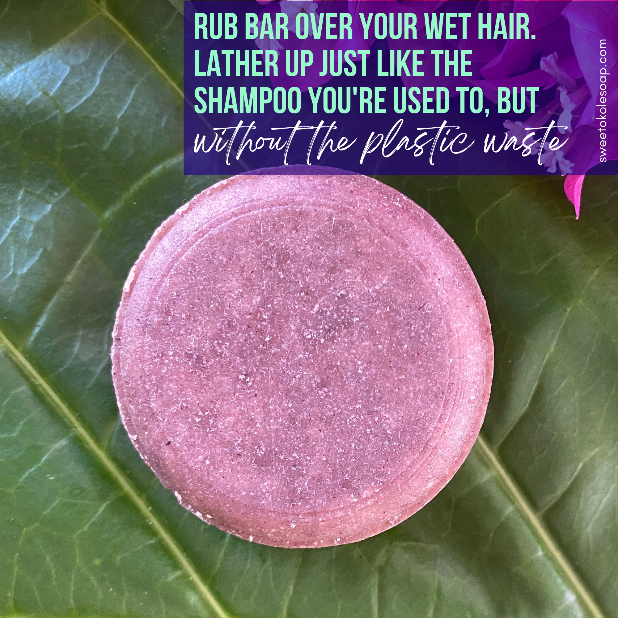 Lavender Clary Sage solid shampoo bar with Ratanjot root from Sweet ʻŌkole Soap, natural hair cleansing product, close-up of the soap bar.