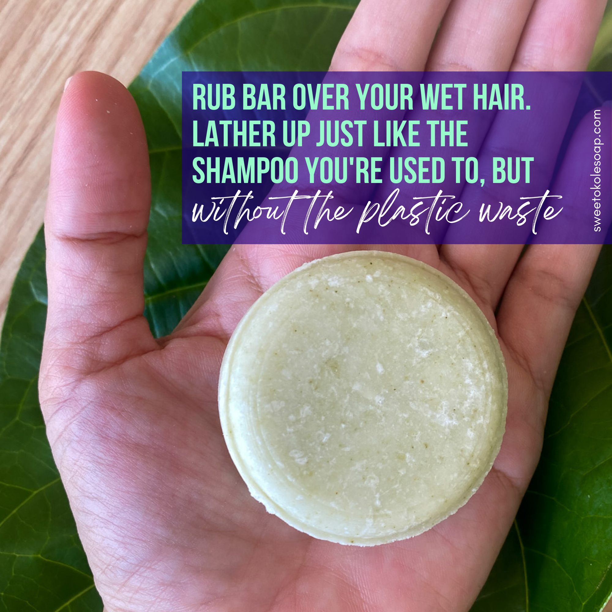 Non-toxic shampoo bar from Sweet ʻŌkole Soap with rosemary, mint, and moringa, shown with natural ingredients and packaging.