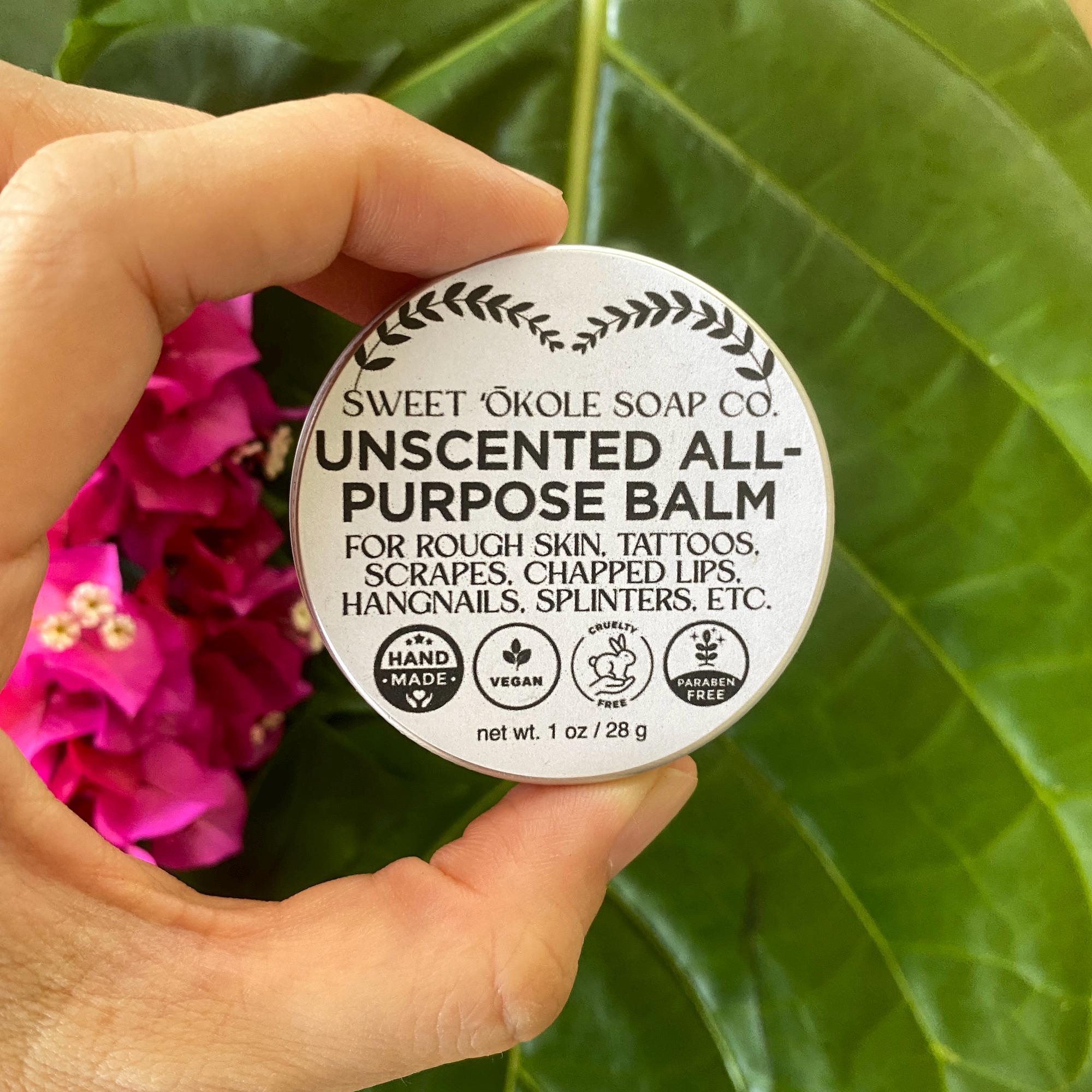 Vegan tattoo balm by Sweet ʻŌkole Soap, all-purpose healing salve in a jar with natural ingredients for skin recovery.