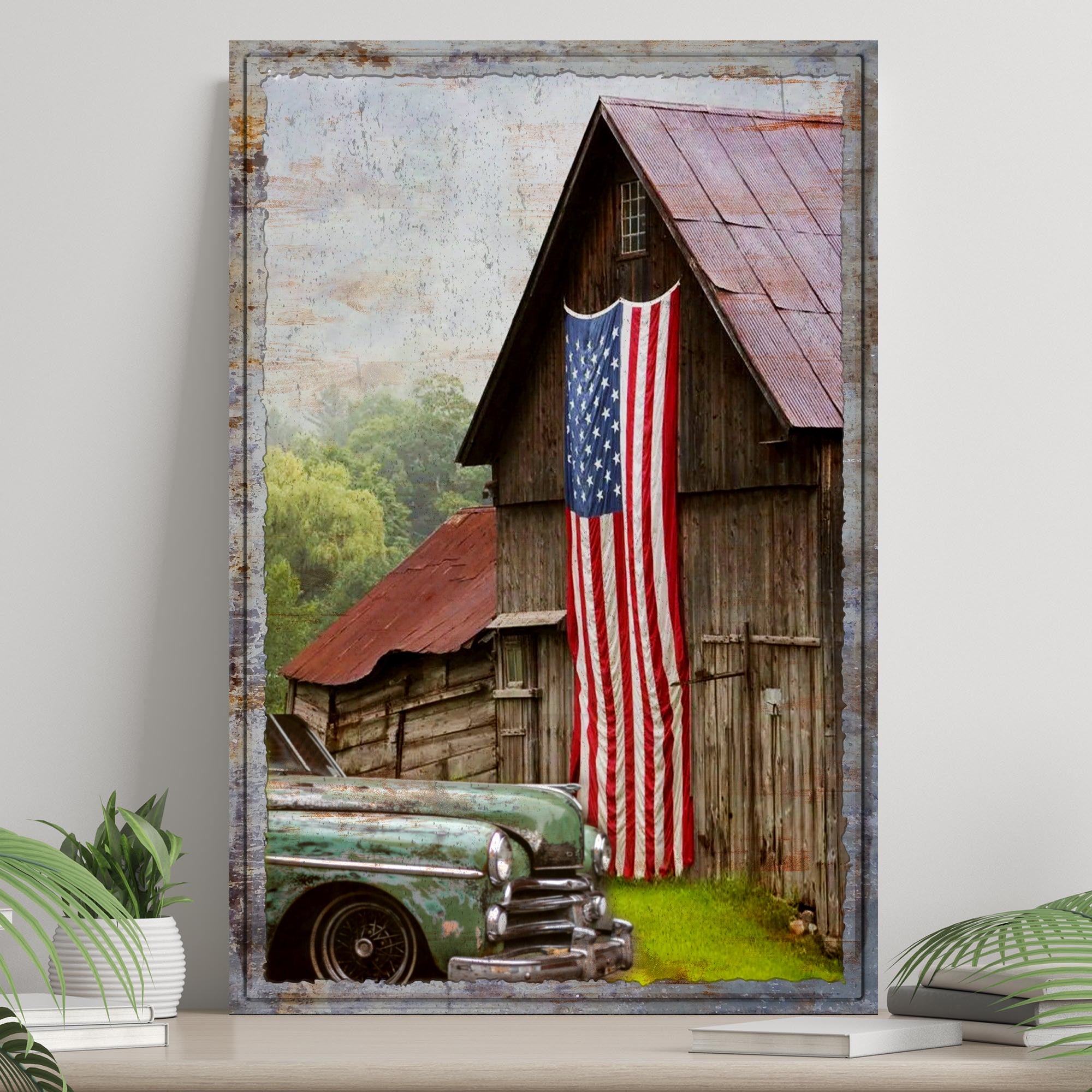 America Country Barn Canvas Wall Art by Tailored Canvases showing a rustic barn scene on a framed canvas wall decor piece.