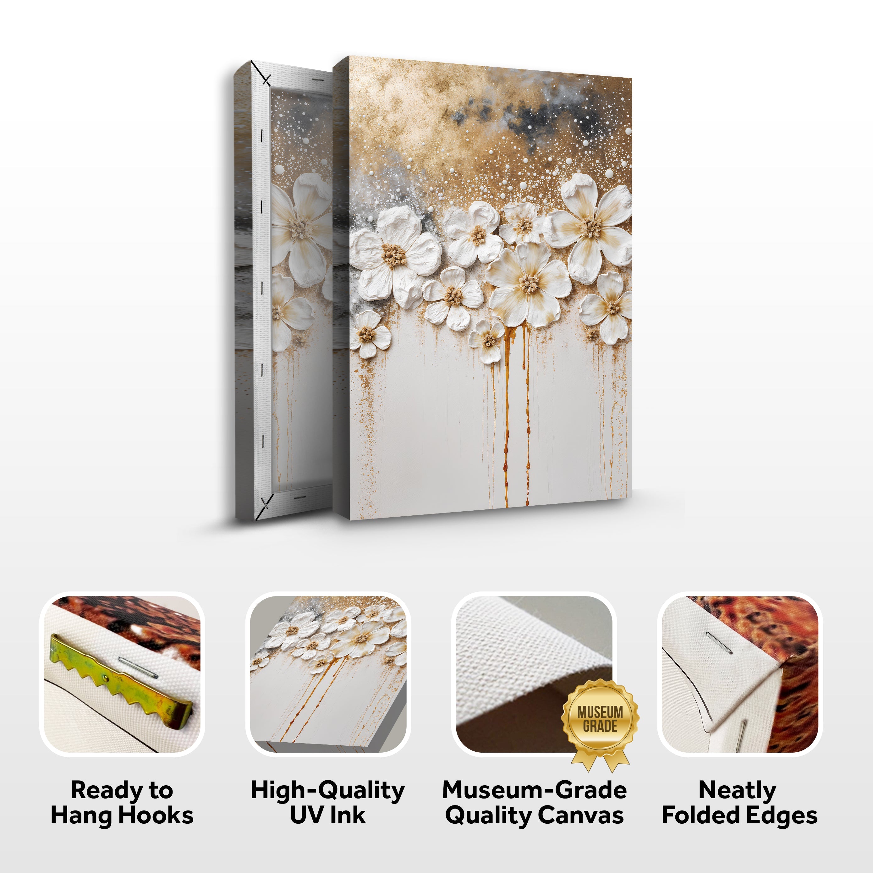 Gold floral wall art on canvas by Tailored Canvases featuring intricate floral patterns in gold tones.
