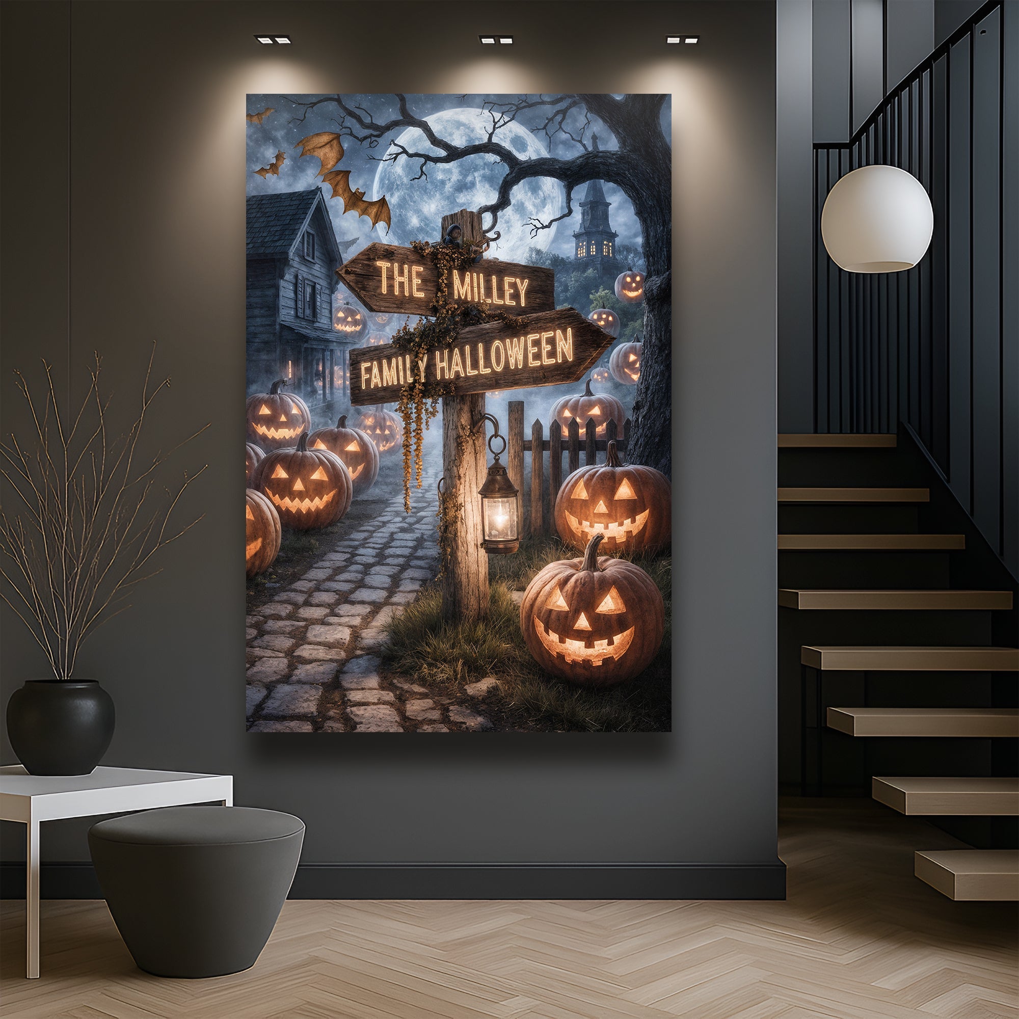Personalized family name Halloween street sign canvas wall art with spooky design and custom text, ideal for festive home decor.