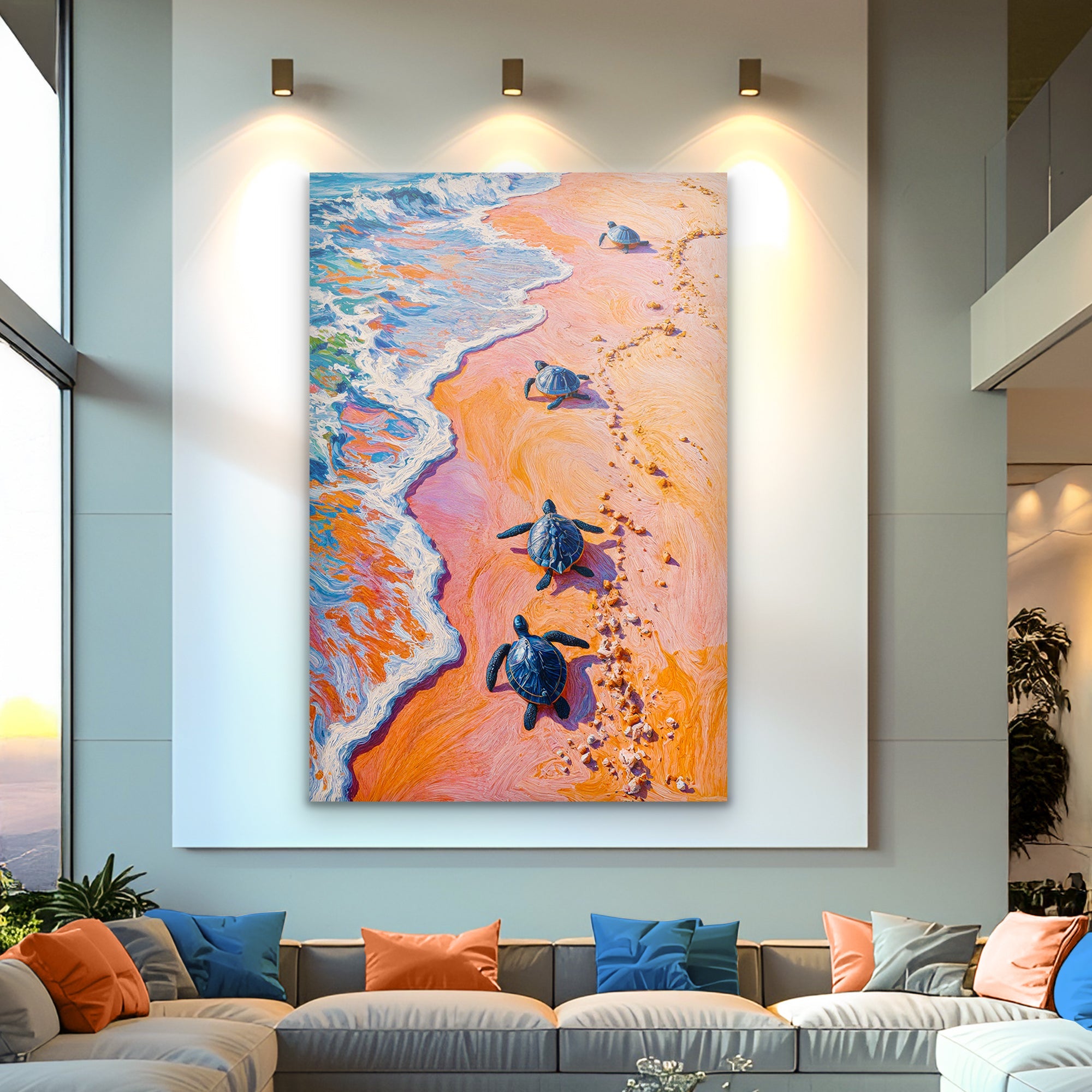 Canvas wall art featuring turtles' journey to the sea, showcasing a serene ocean scene with vibrant colors and detailed turtle illustrations.