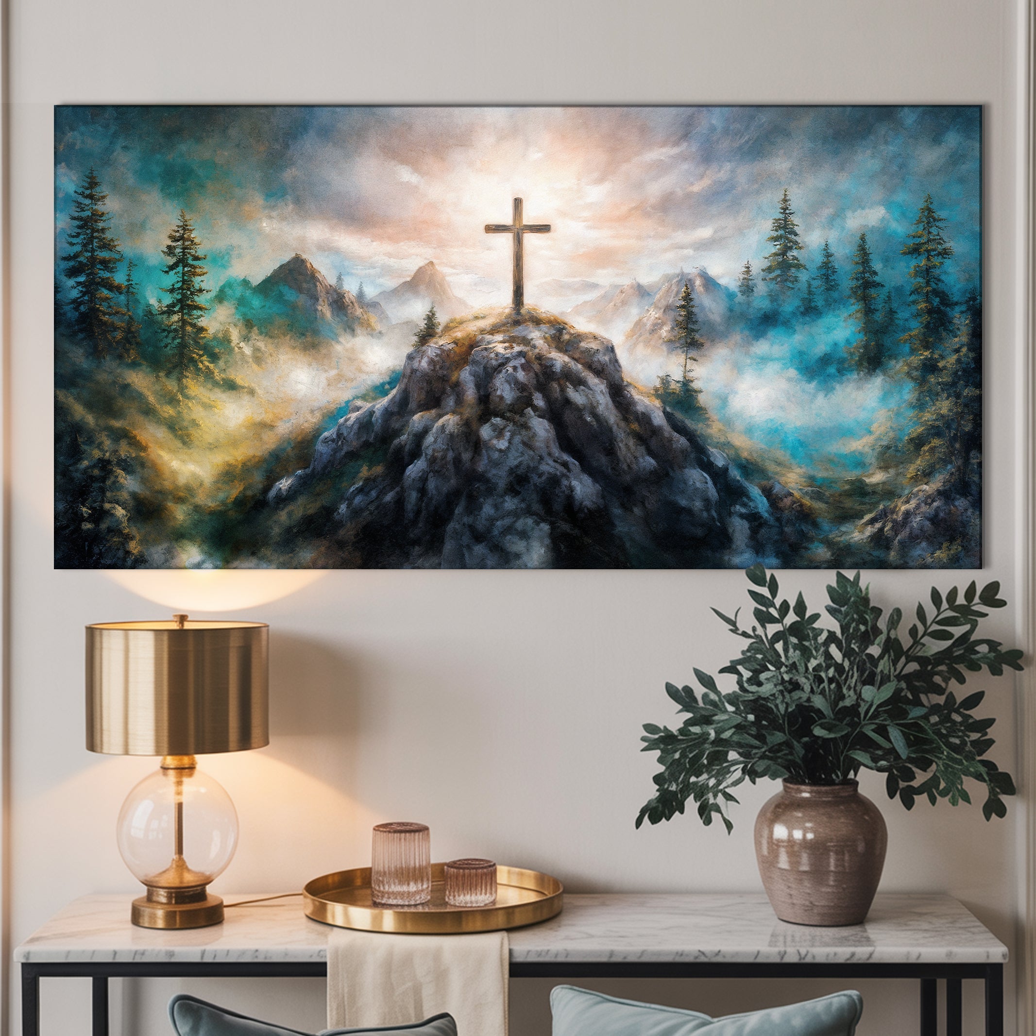 Canvas wall art featuring a cross on a hill with the words "Faith" by Tailored Canvases, ideal for inspirational home decor.