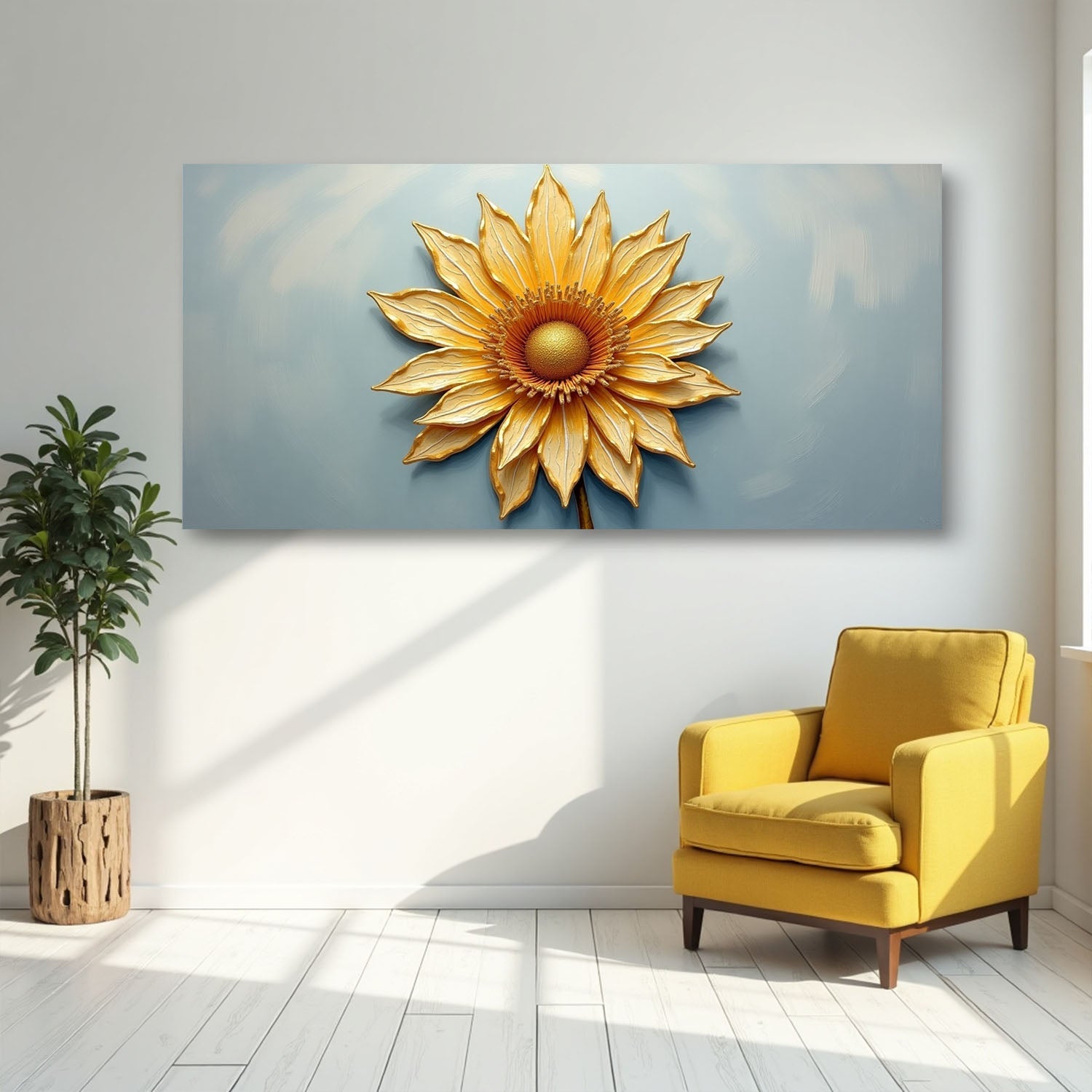Golden dandelion minimalist abstract wall art on canvas from Tailored Canvases, featuring a modern, artistic floral design.