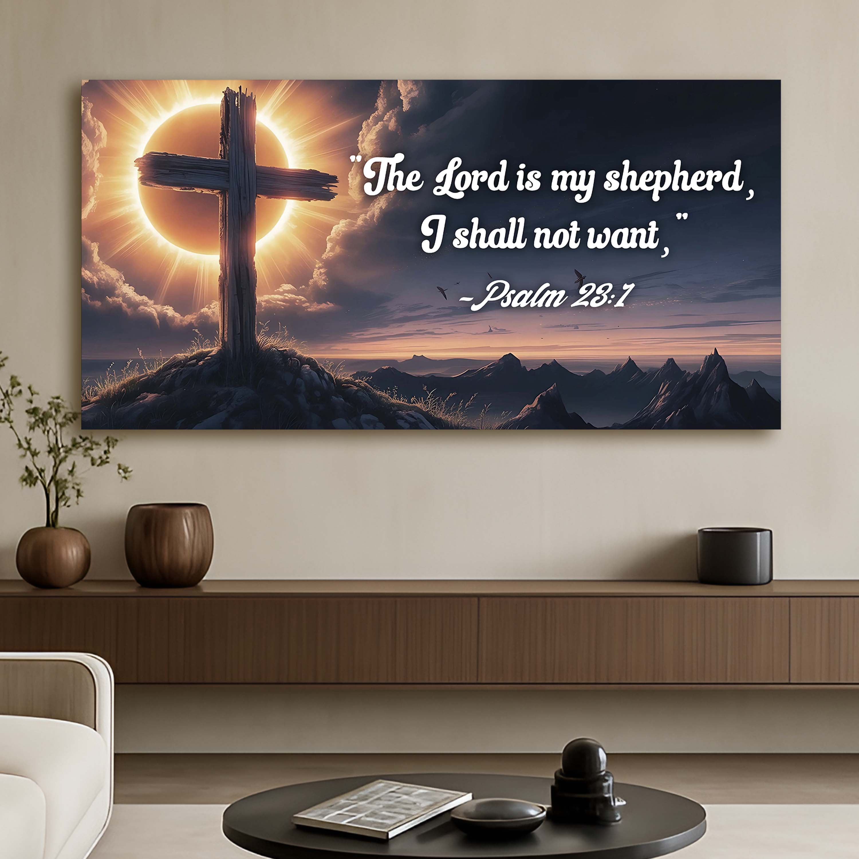 Canvas faith sign featuring Psalm 23:1 "The Lord Is My Shepherd I Shall Not Want" with inspirational scripture design.