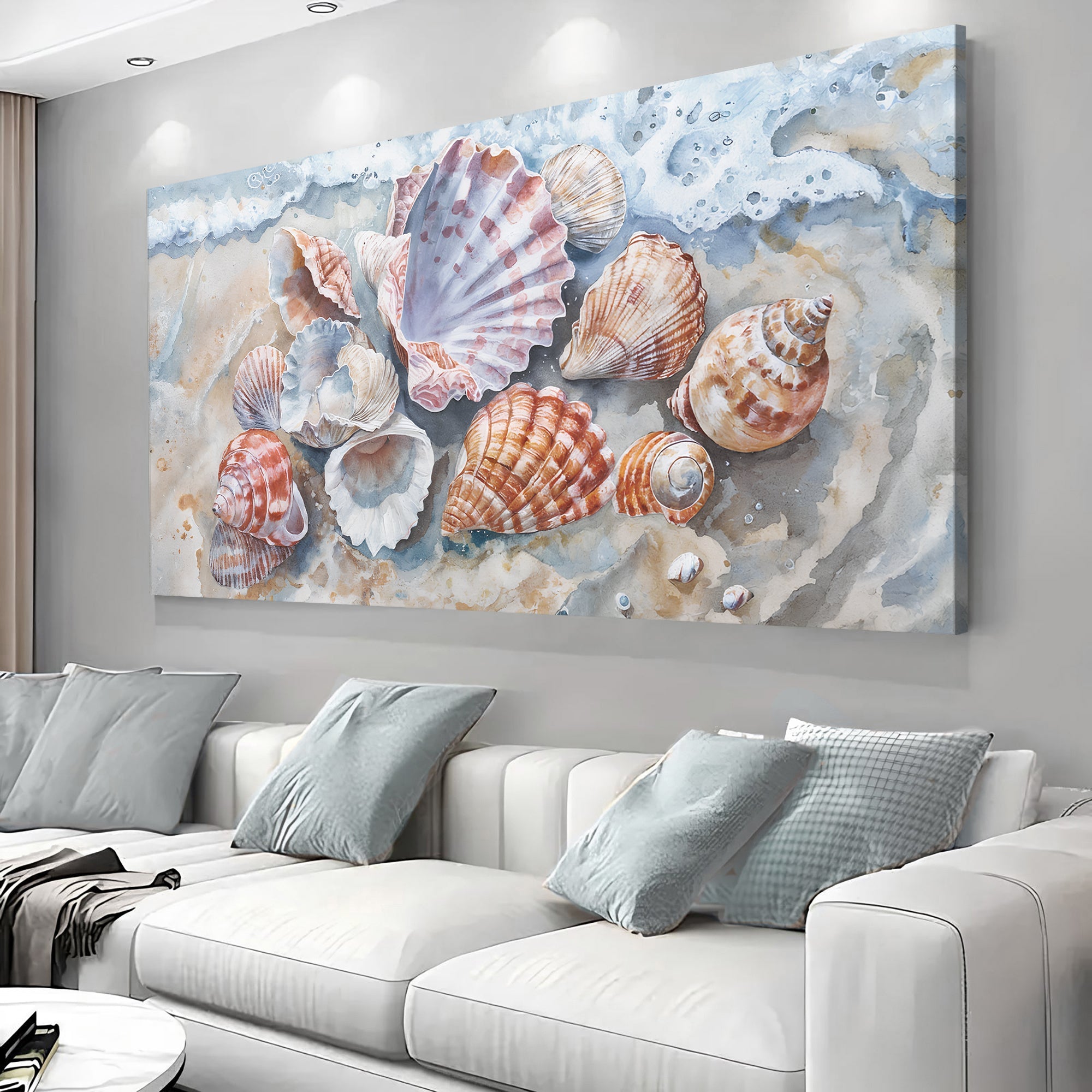Modern coastal wall art featuring sea shells on canvas by Tailored Canvases, showcasing a serene beach-inspired design.