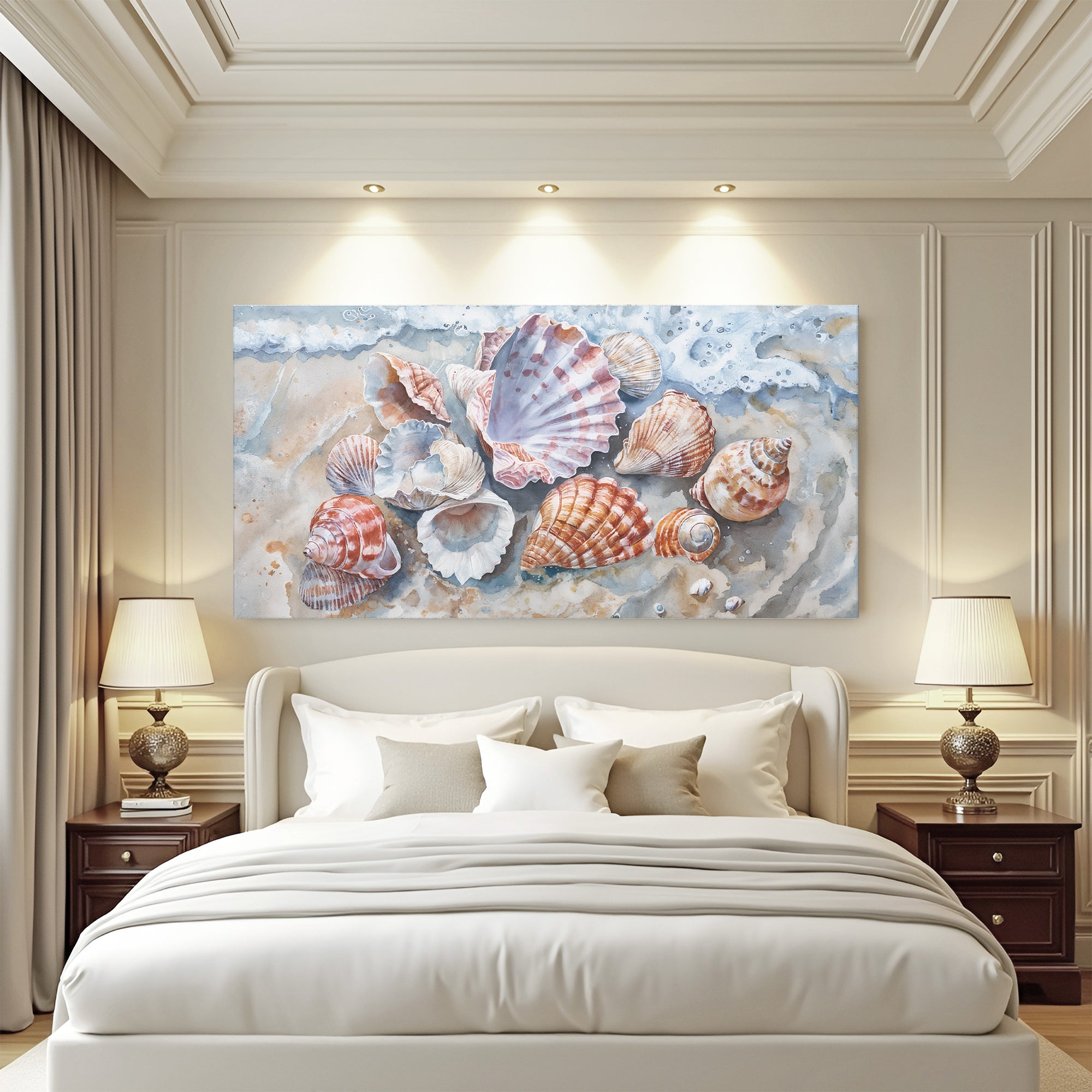 Modern coastal wall art canvas featuring sea shells, designed by Tailored Canvases for beach-inspired home decor.