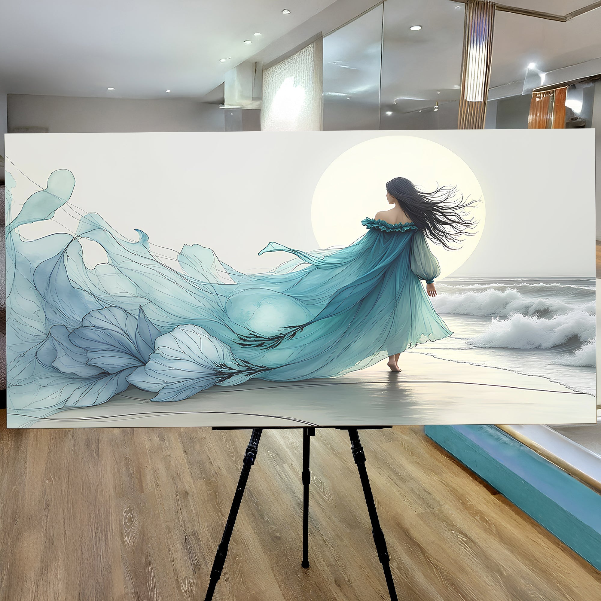 Abstract ocean-inspired wall art on canvas featuring swirling wind patterns, created by Tailored Canvases.