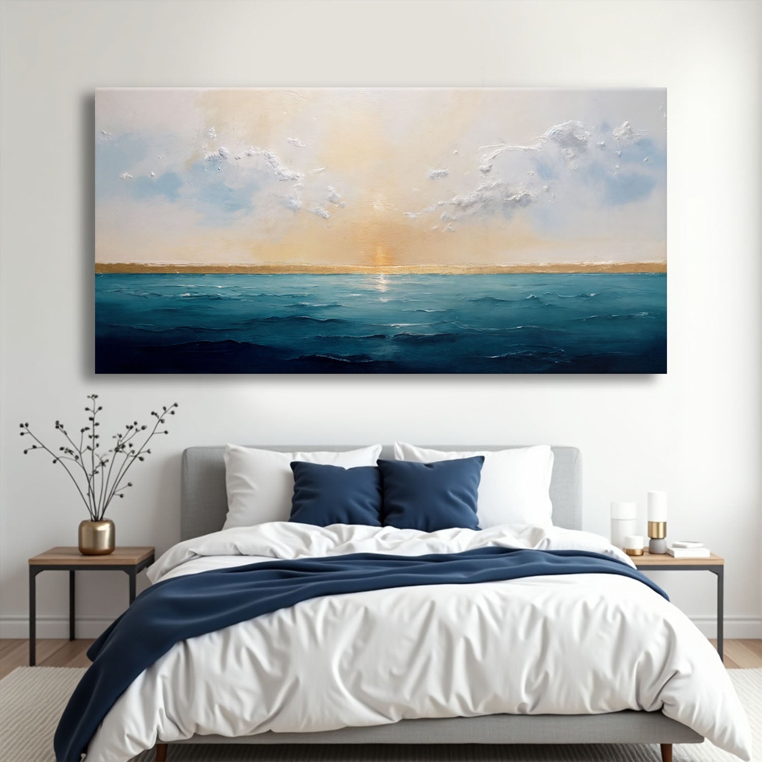 Abstract waterscape canvas wall art by Tailored Canvases featuring flowing blue and green water-inspired patterns on a textured surface.