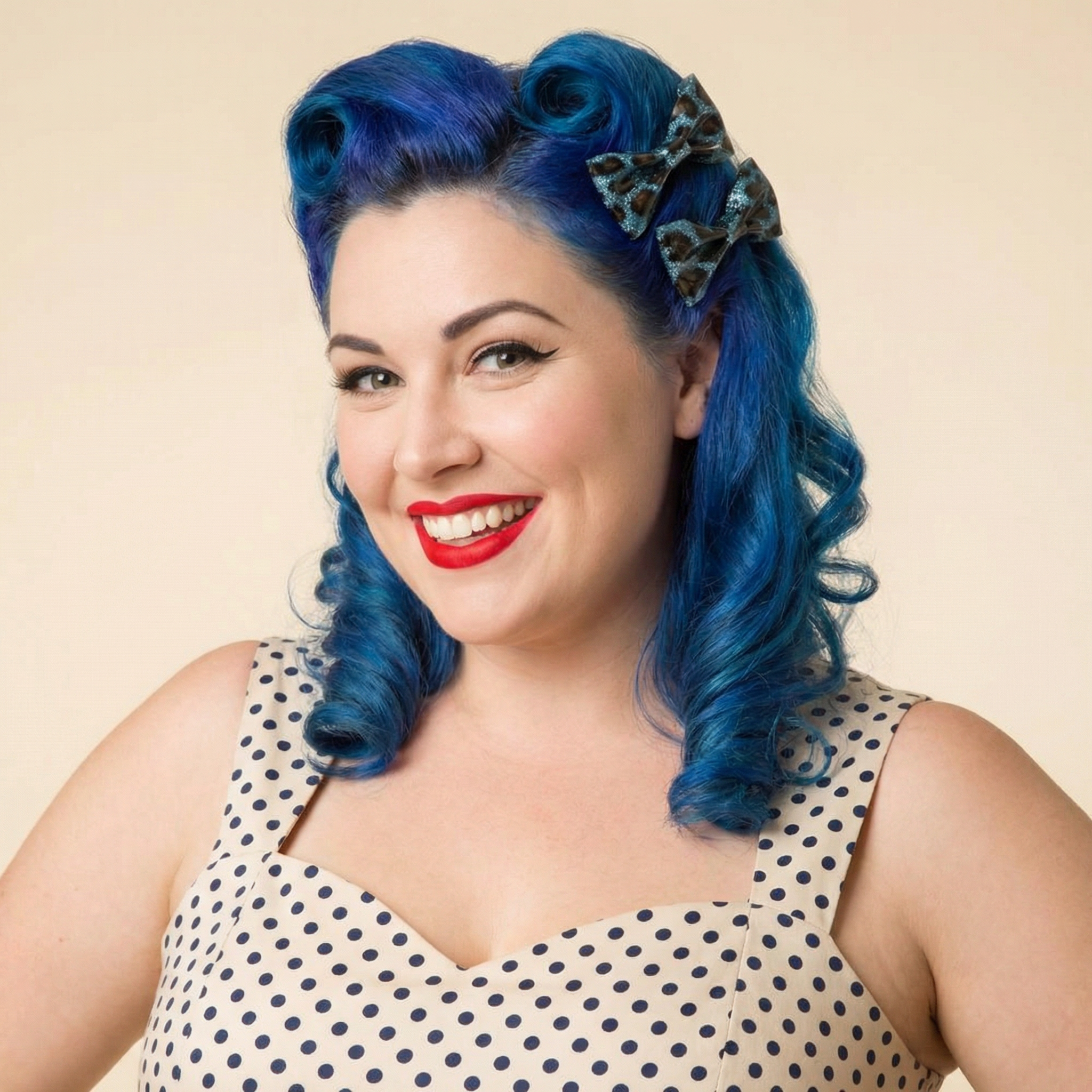 Pair of blue leopard glitter hair bows by Sourpuss, rockabilly hair accessories, featuring leopard print clips for stylish hair decoration.