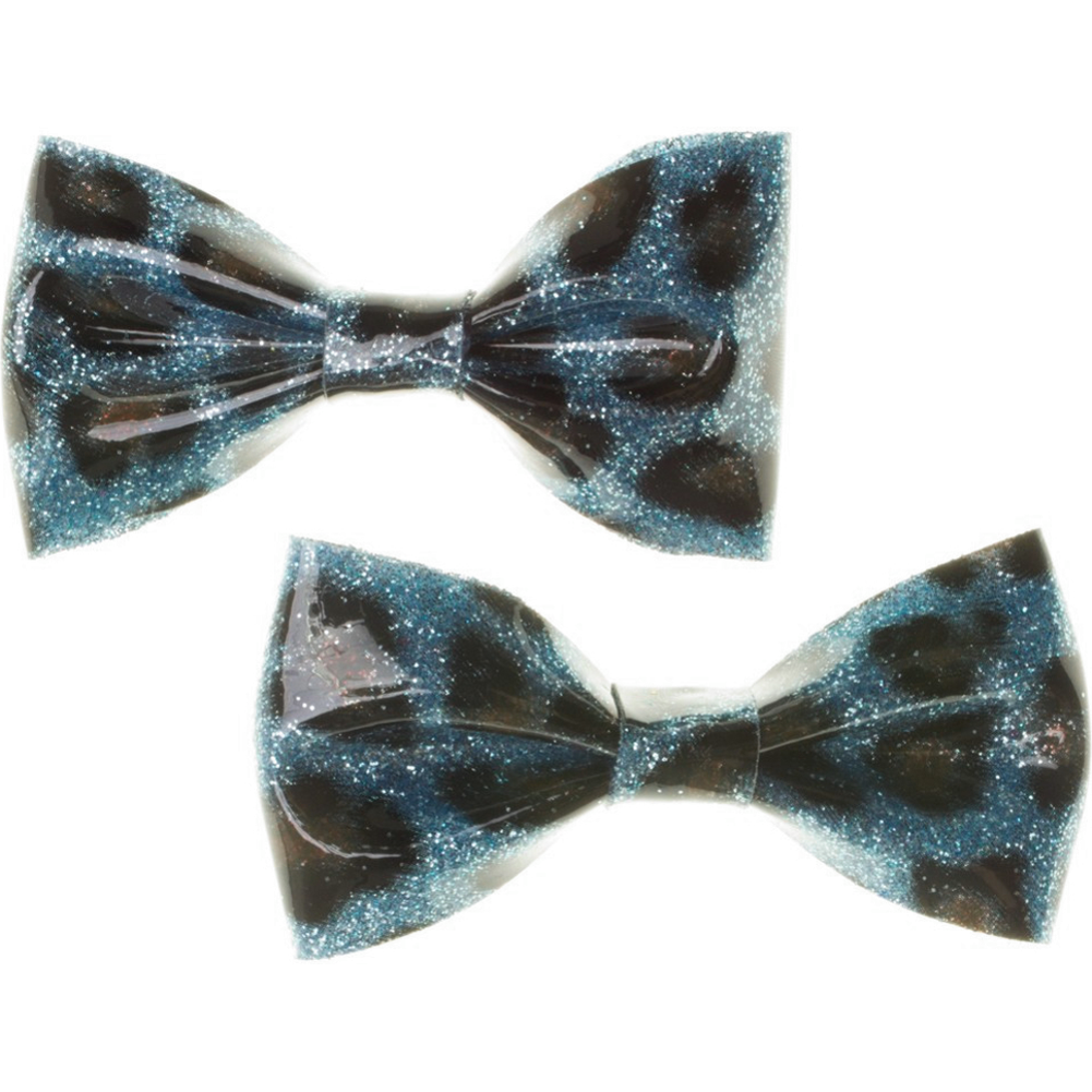 Set of two Sourpuss blue leopard glitter hair bows, rockabilly hair accessories with leopard print clips for retro-inspired style.