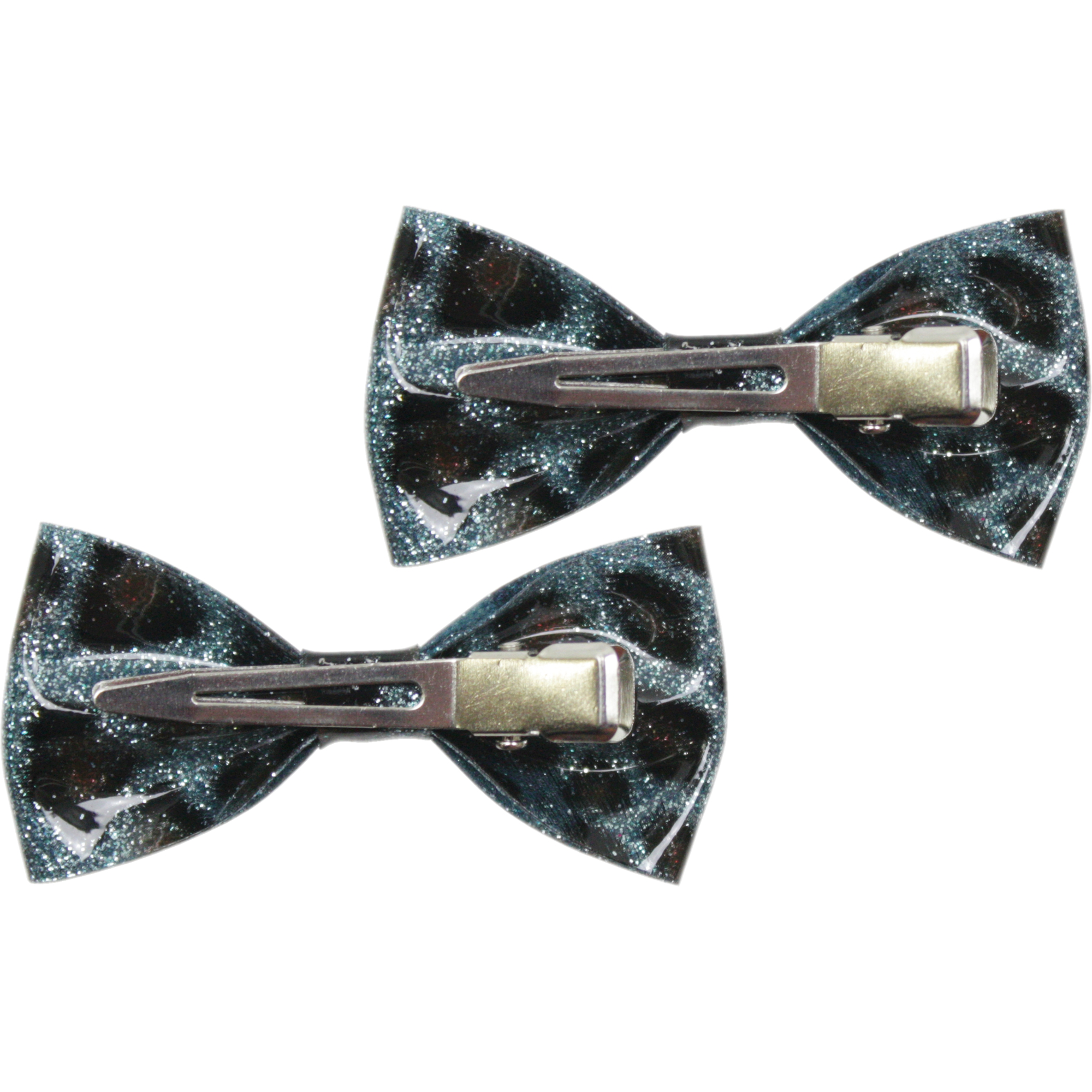 Set of two Sourpuss blue leopard glitter hair bows, rockabilly style hair clips with leopard print design.