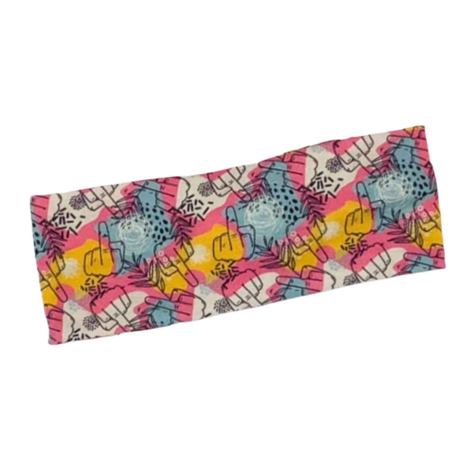 Colorful stretch headband with hidden middle fingers design, fun hair accessory by The Bullish Store, perfect for a bold, playful look.