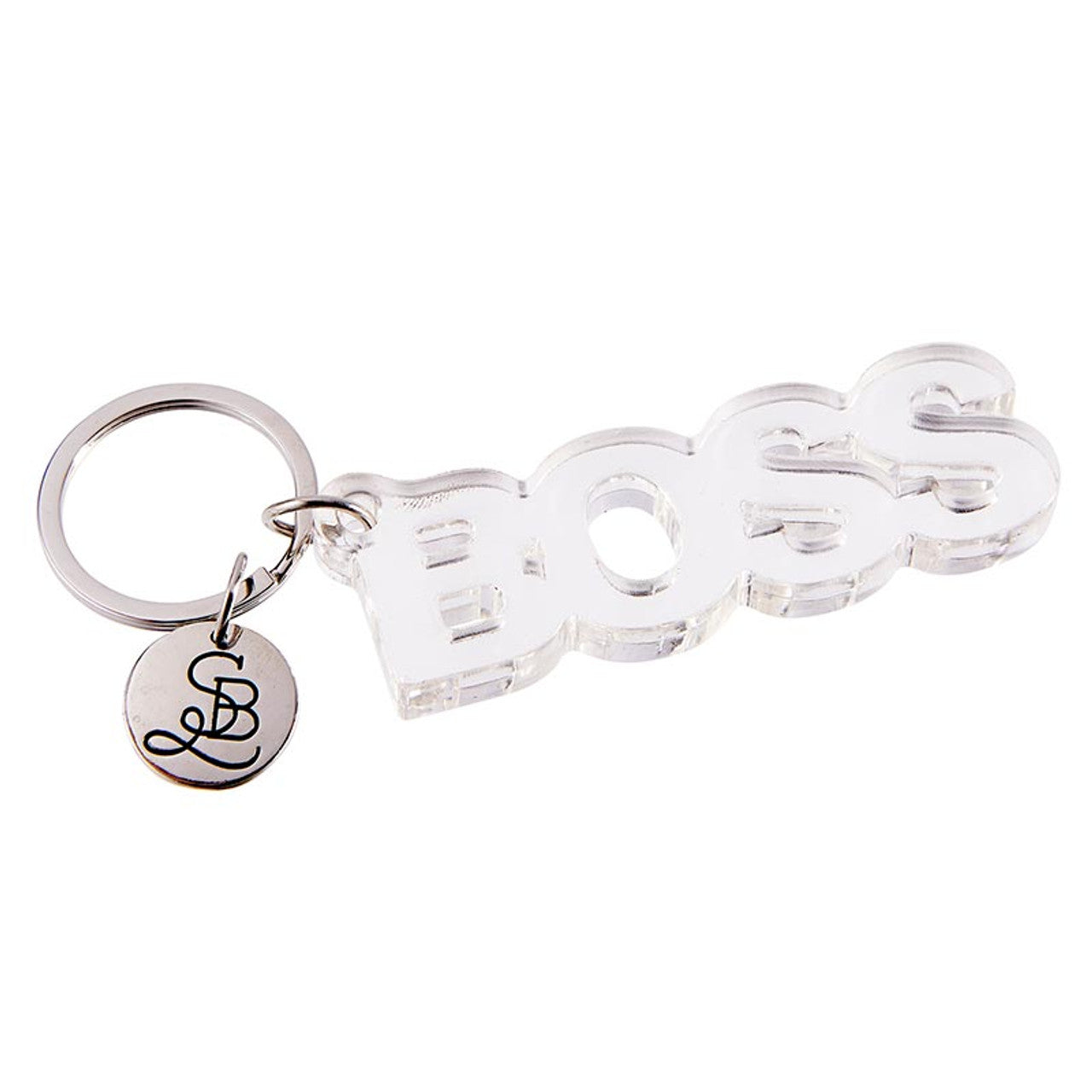 Clear acrylic Boss word keychain from The Bullish Store, transparent and word-shaped keyholder with a smooth finish.