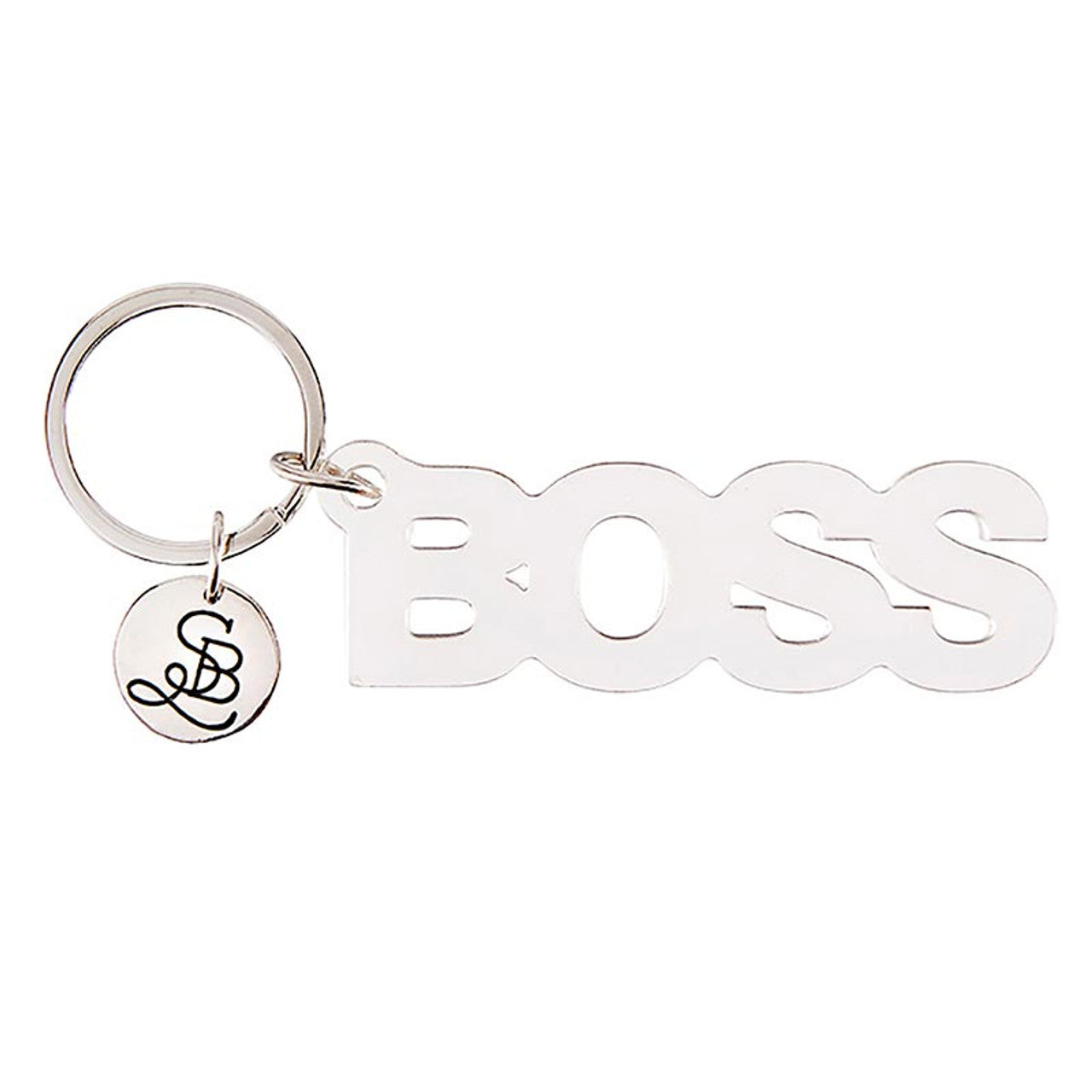 Clear acrylic Boss word keychain from The Bullish Store, transparent and word-shaped keyholder with a keyring attachment.
