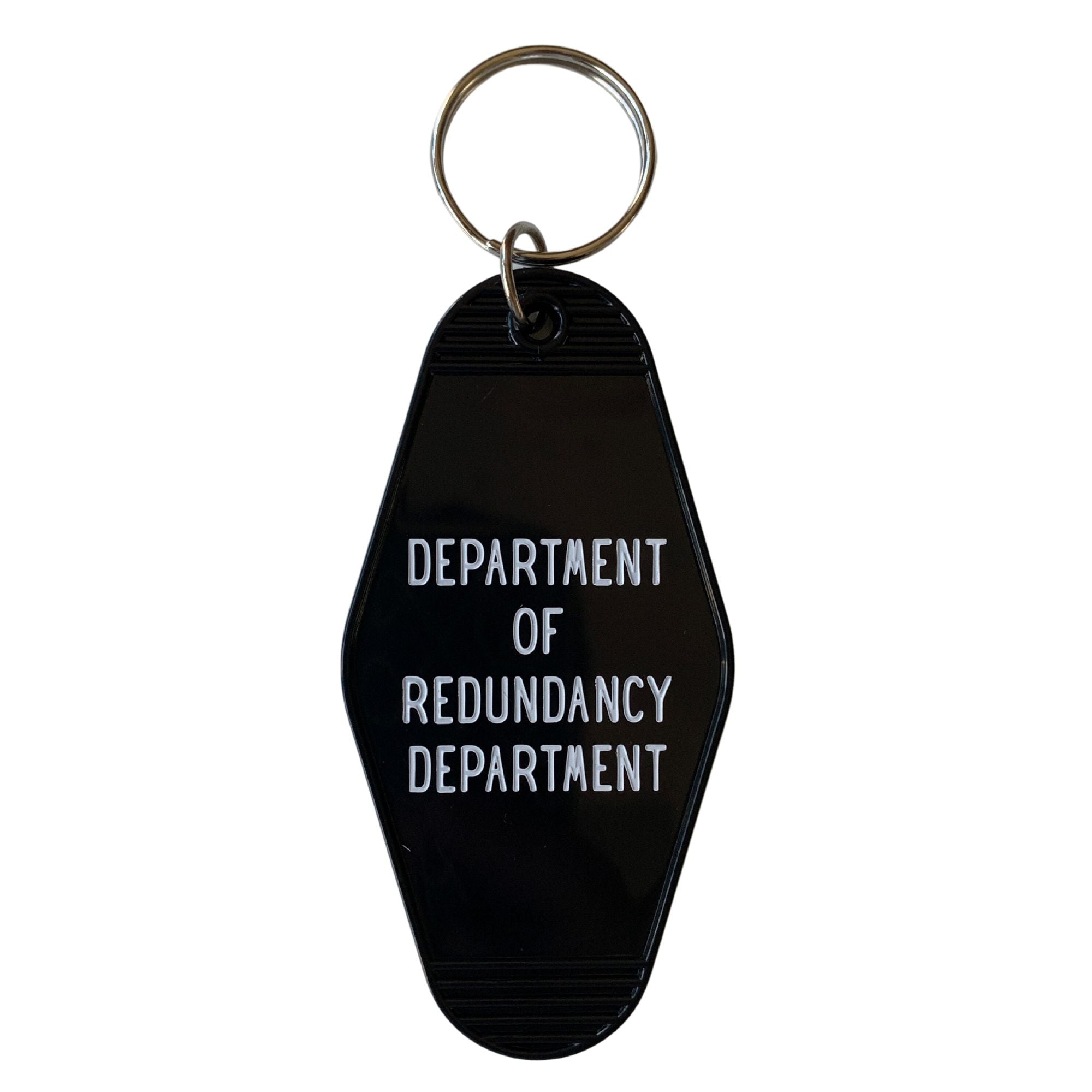 Black Motel Style keychain from the Department of Redundancy Department, featuring bold branding and durable metal construction.