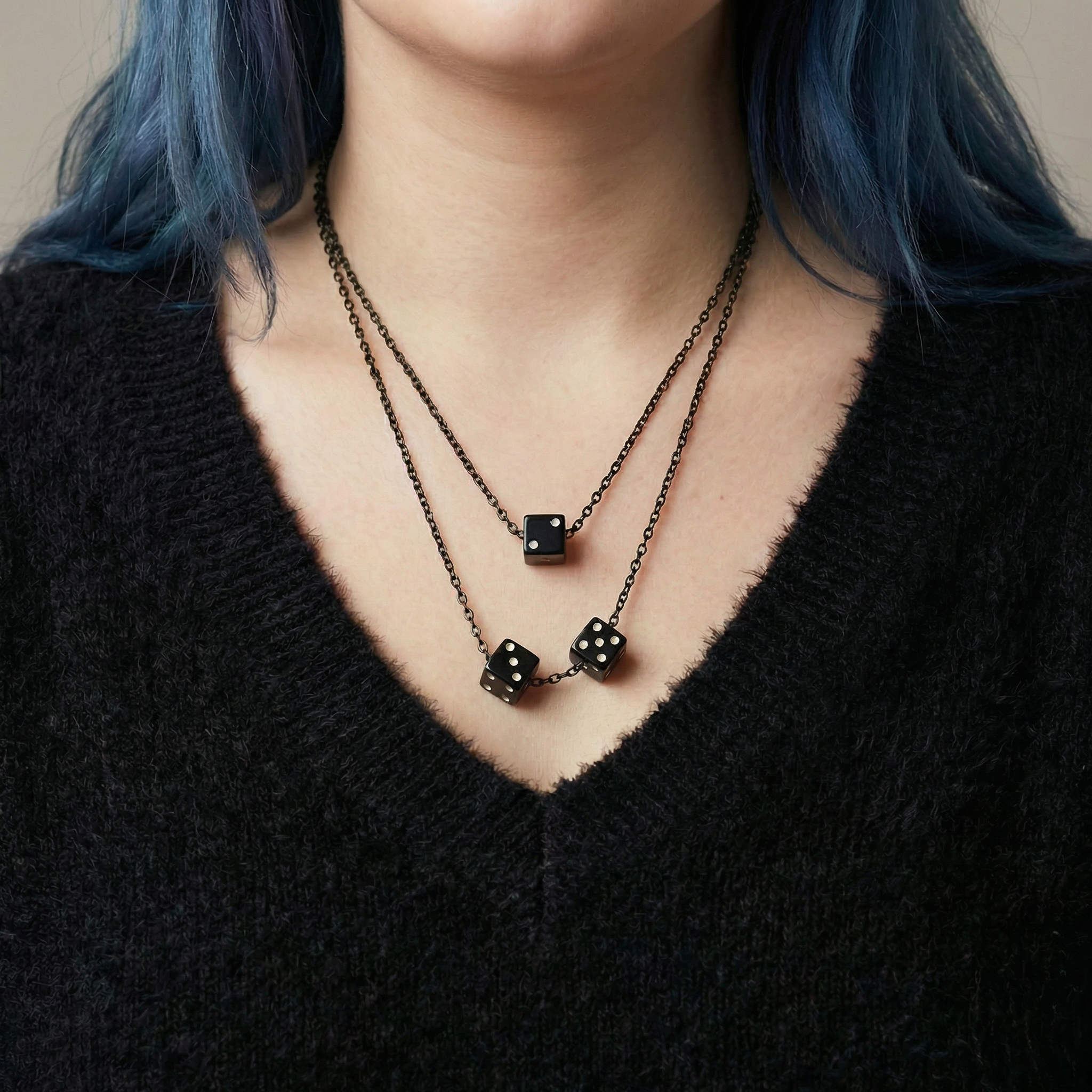 Black and white dice double chain necklace by Sourpuss, featuring bold dice charms on layered chains for a vintage-inspired look.