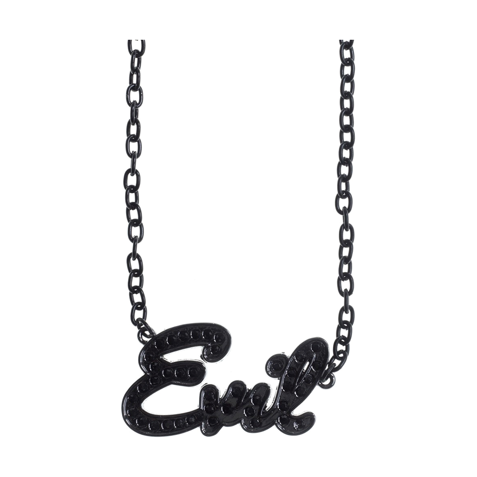 Sourpuss Evil pendant necklace with black rhinestones, Gothic statement jewelry, featuring a dark, edgy design.