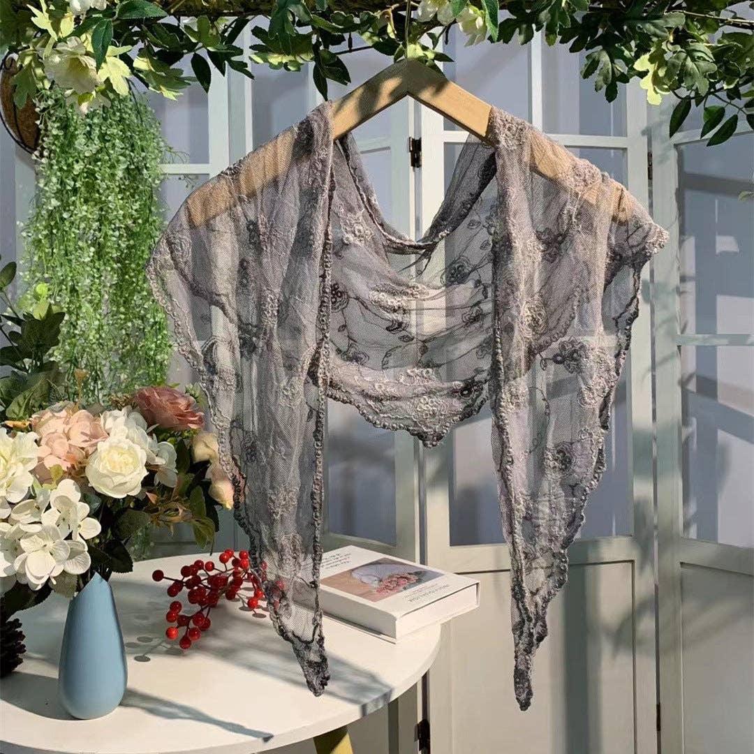 Embroidered lace shawl with stemmed flower design, small size, perfect as a romantic heroine-inspired scarf or shrug.