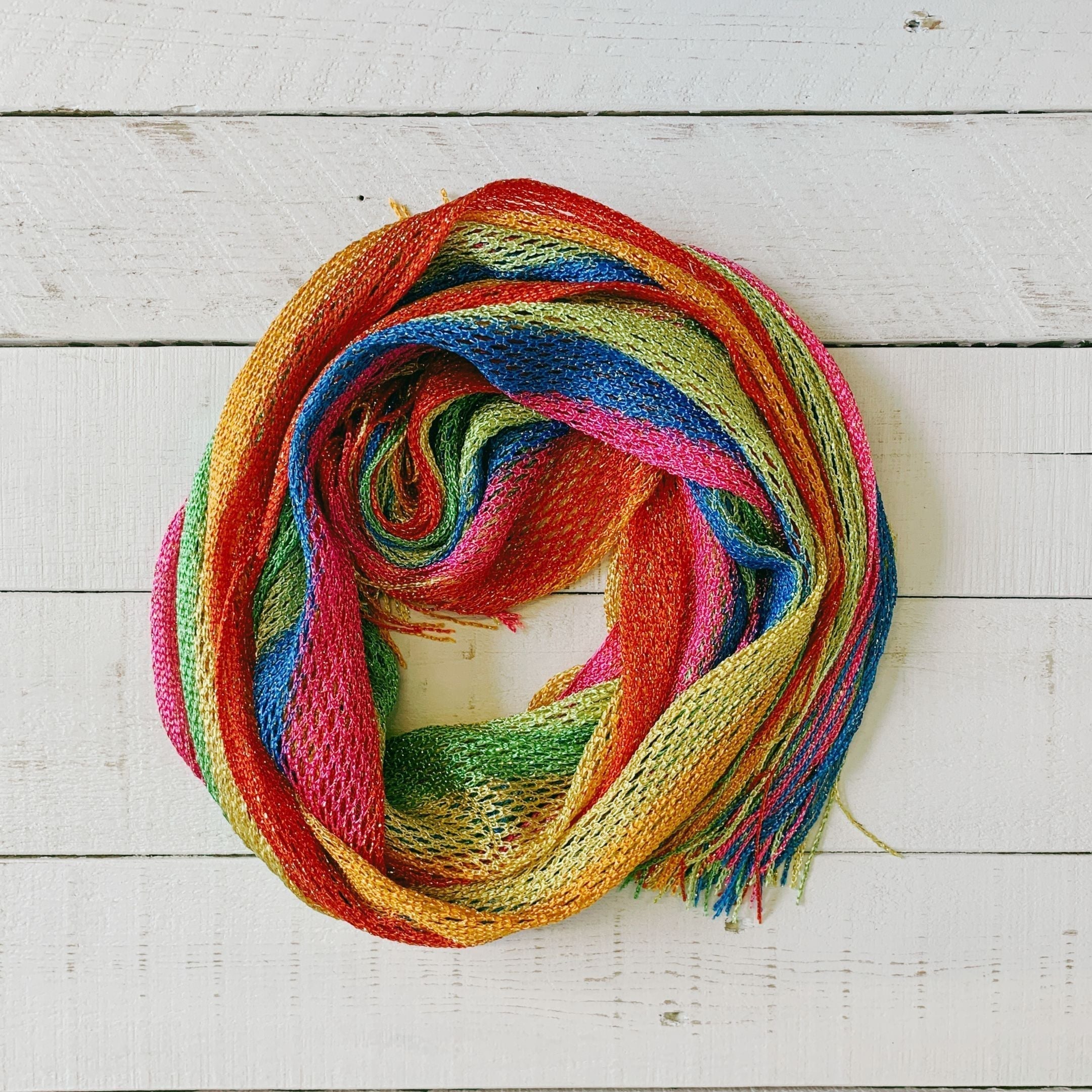 Shimmer mesh rainbow stripe Pride scarf wrap, unisex summer shawl with vibrant LGBTQ Pride colors, stylish and lightweight.
