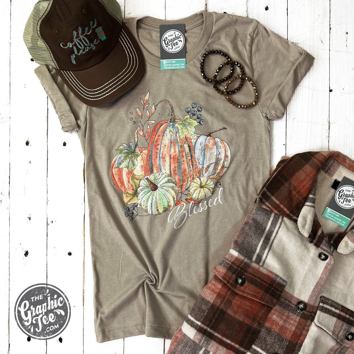 Blessed Pumpkin Heather Tan short sleeve graphic tee by The Graphic Tee, featuring a casual, stylish design on a tan background.
