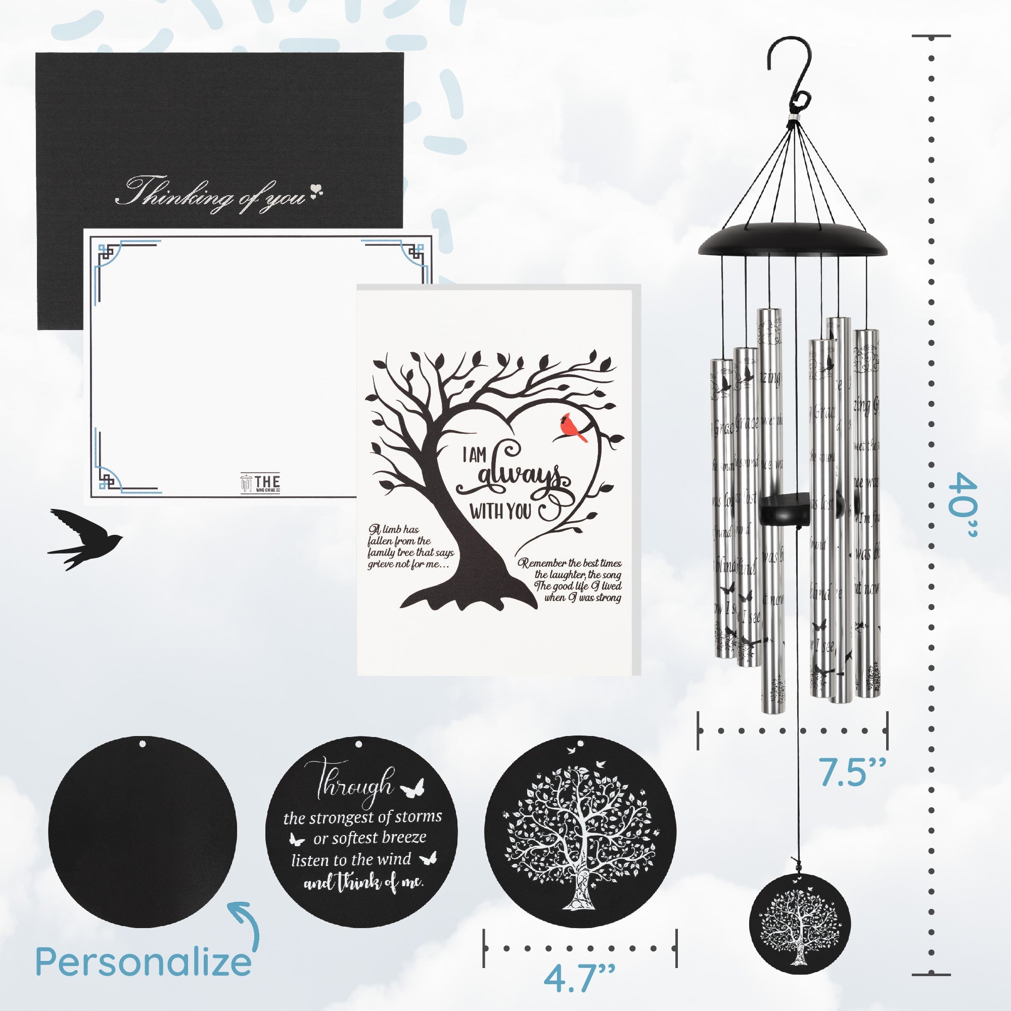 Serenity Memorial Wind Chimes gift bundle from The Wind Chime Co with 40-inch chimes, featuring Amazing Grace scripture for reflection.