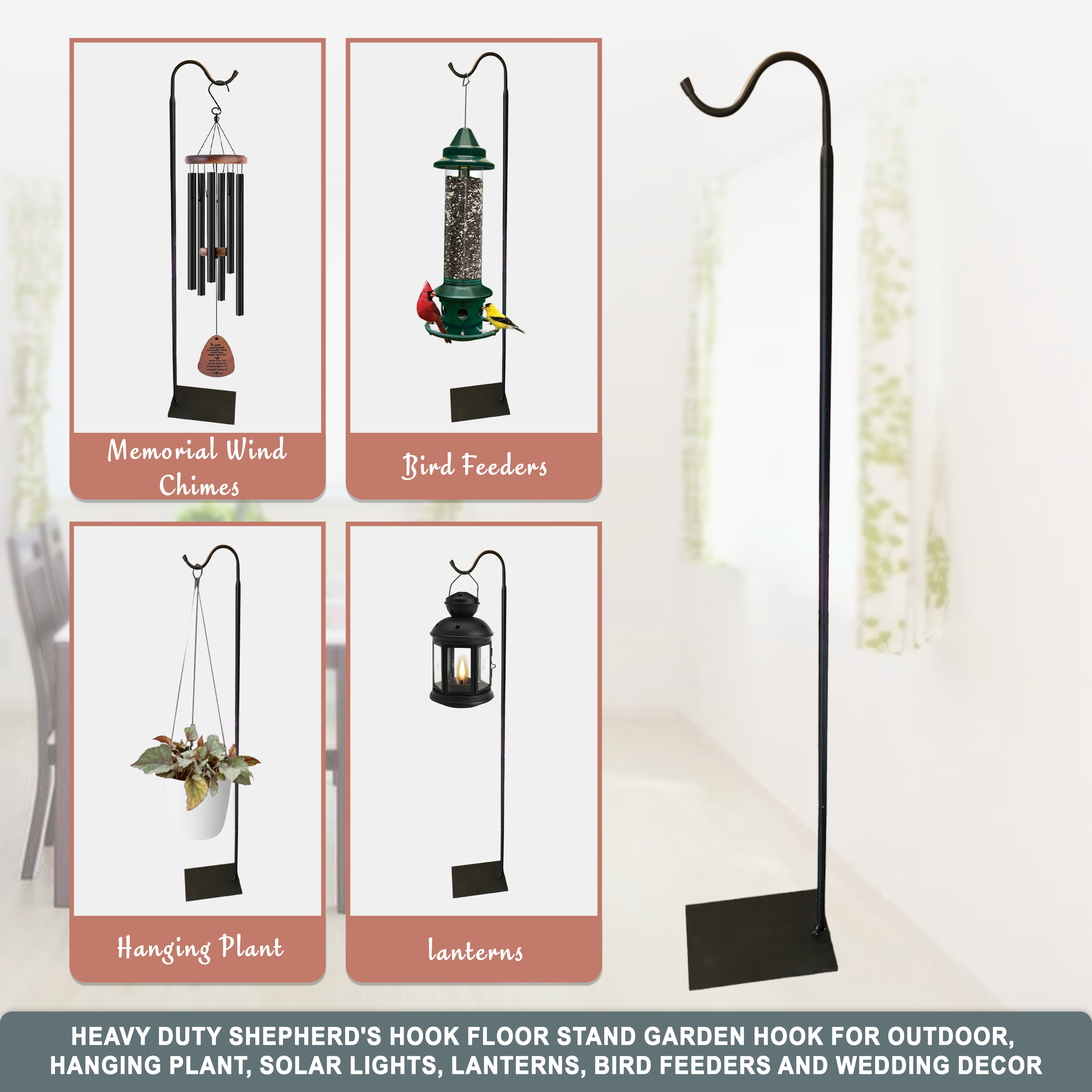 Adjustable 60-inch heavy-duty shepherd's hook floor stand for patio and garden from The Wind Chime Co, suitable for hanging decor or plants.