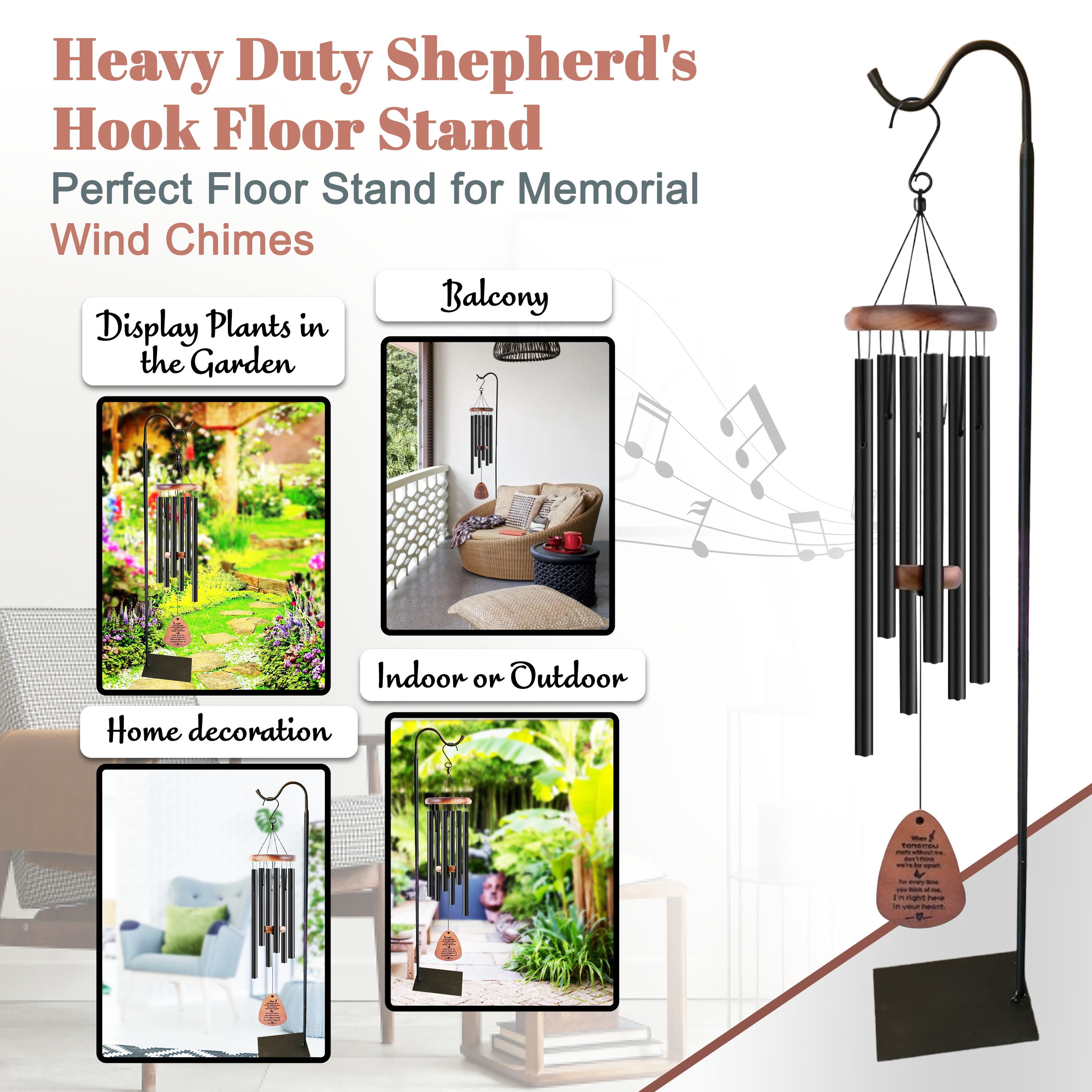 Heavy-duty 60-inch adjustable shepherd's hook floor stand for patio or garden, ideal for hanging wind chimes or garden decor.