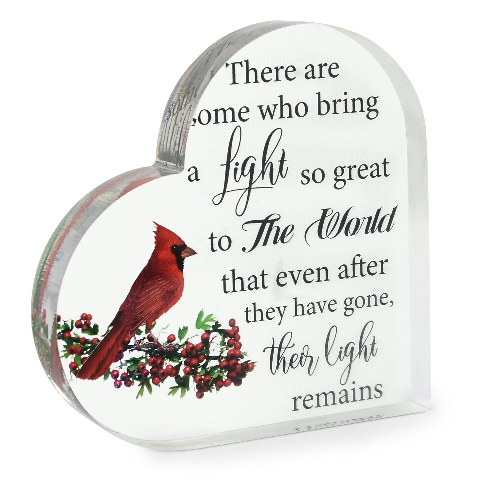 Acrylic cardinal bird memorial heart inside a gift box, featuring a heartfelt keepsake from The Wind Chime Co.