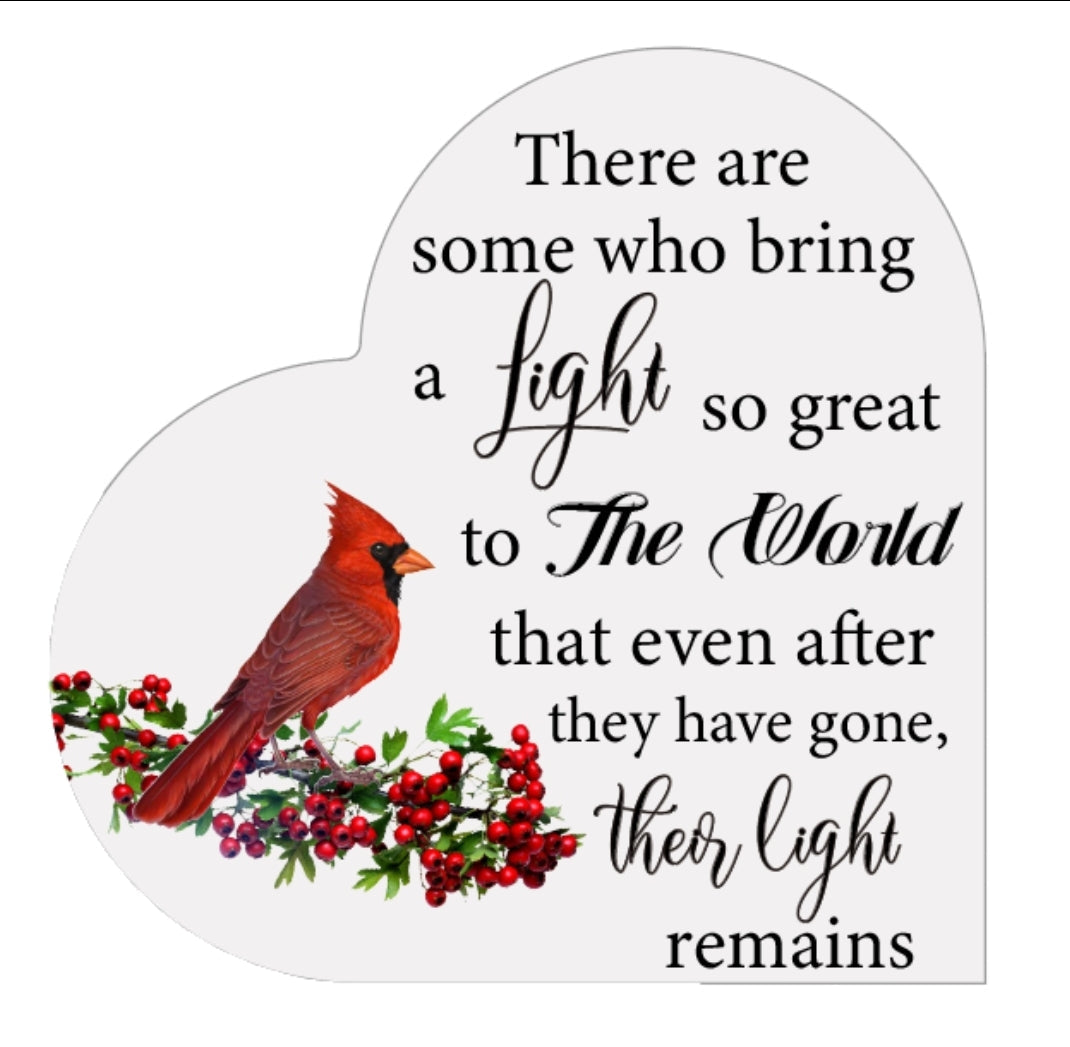 Acrylic cardinal bird memorial heart with gift box, featuring a decorative design for remembrance and gift-giving.