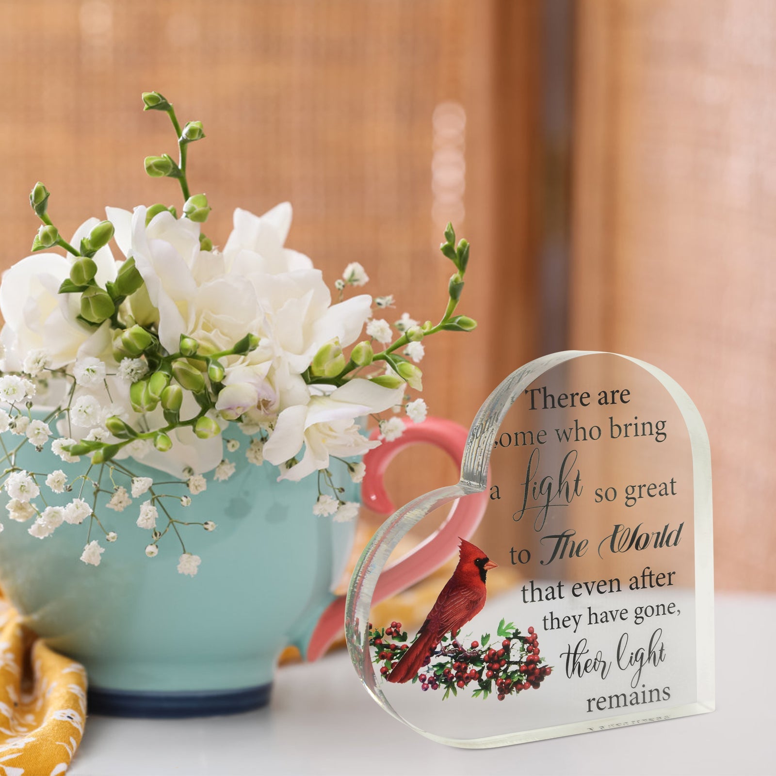 Acrylic cardinal bird memorial heart with gift box from The Wind Chime Co, featuring a red cardinal design and elegant presentation.