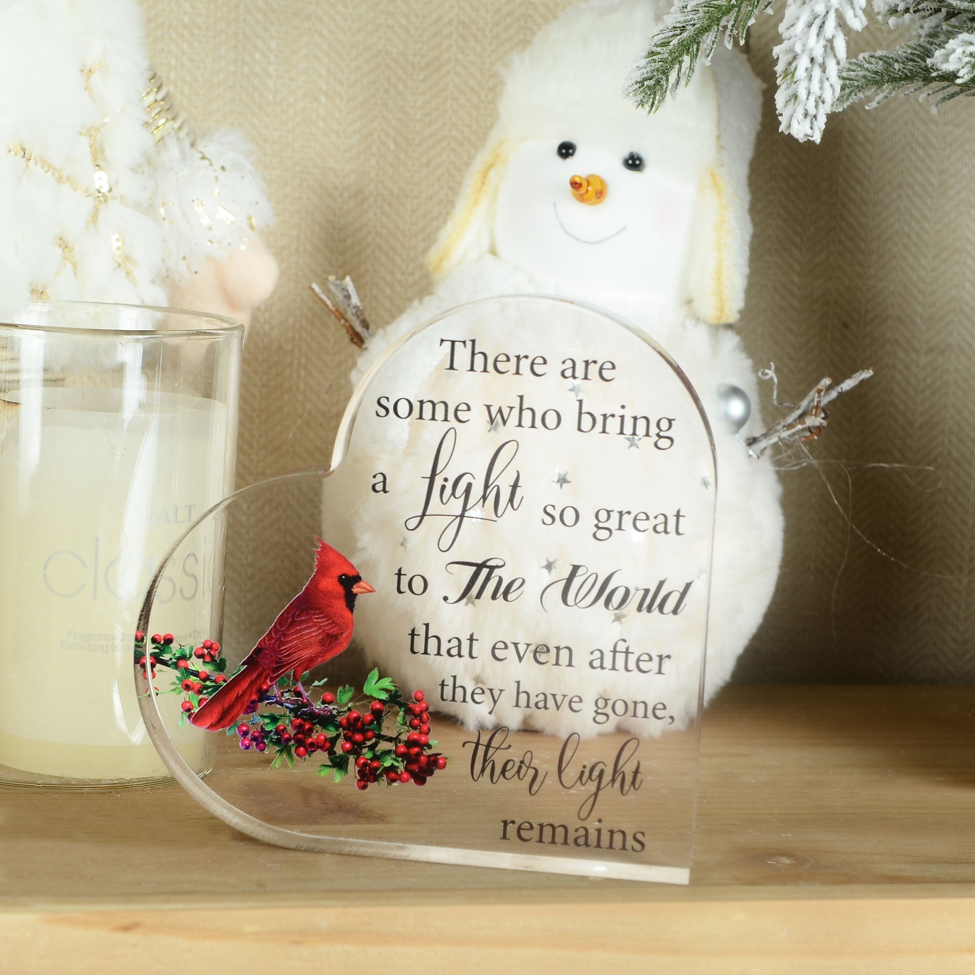Acrylic memorial heart with a red cardinal bird design, presented in a gift box by The Wind Chime Co.