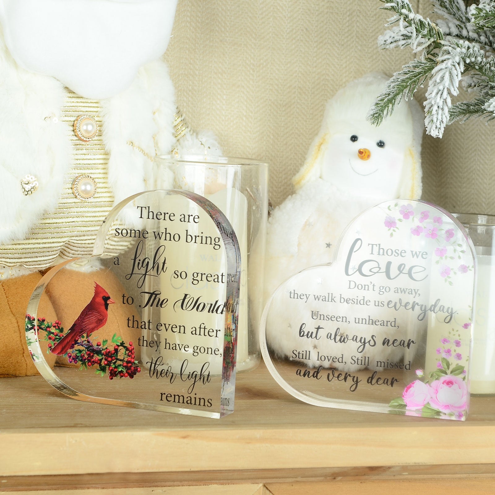 Acrylic cardinal bird memorial heart with gift box from The Wind Chime Co, featuring a red cardinal design and a heartfelt keepsake.