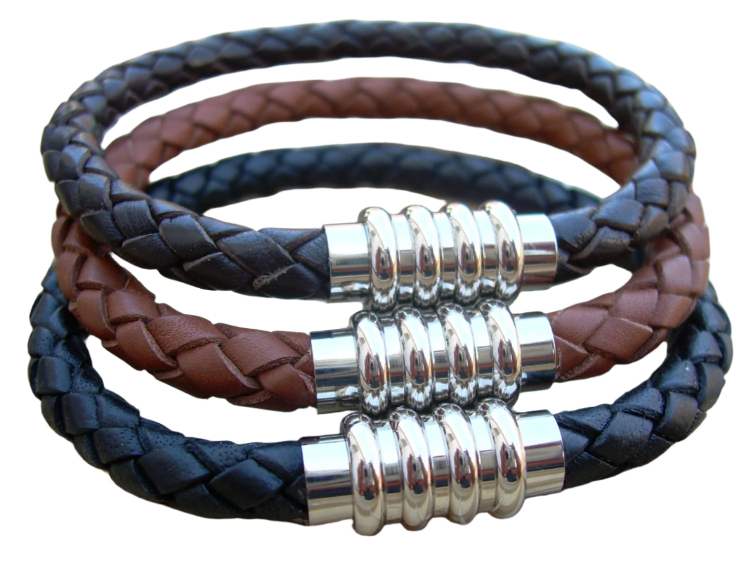 Men's black leather bracelet with stainless steel magnetic clasp, braided design, fits a 6.75-inch wrist, from Urban Survival Gear USA.
