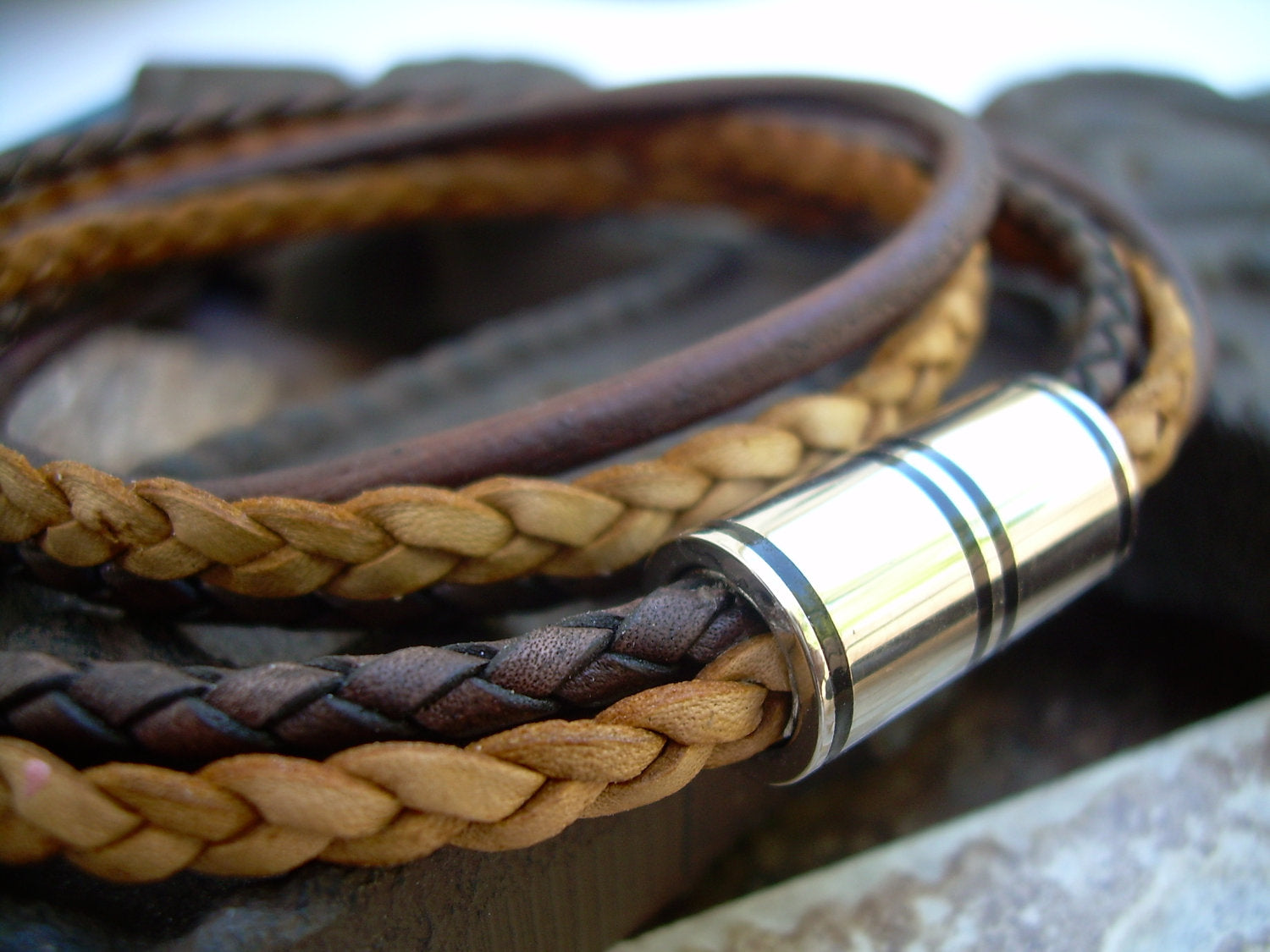 Men's leather bracelet with double wrap, multi-strand brown design and stainless steel magnetic clasp from Urban Survival Gear USA.