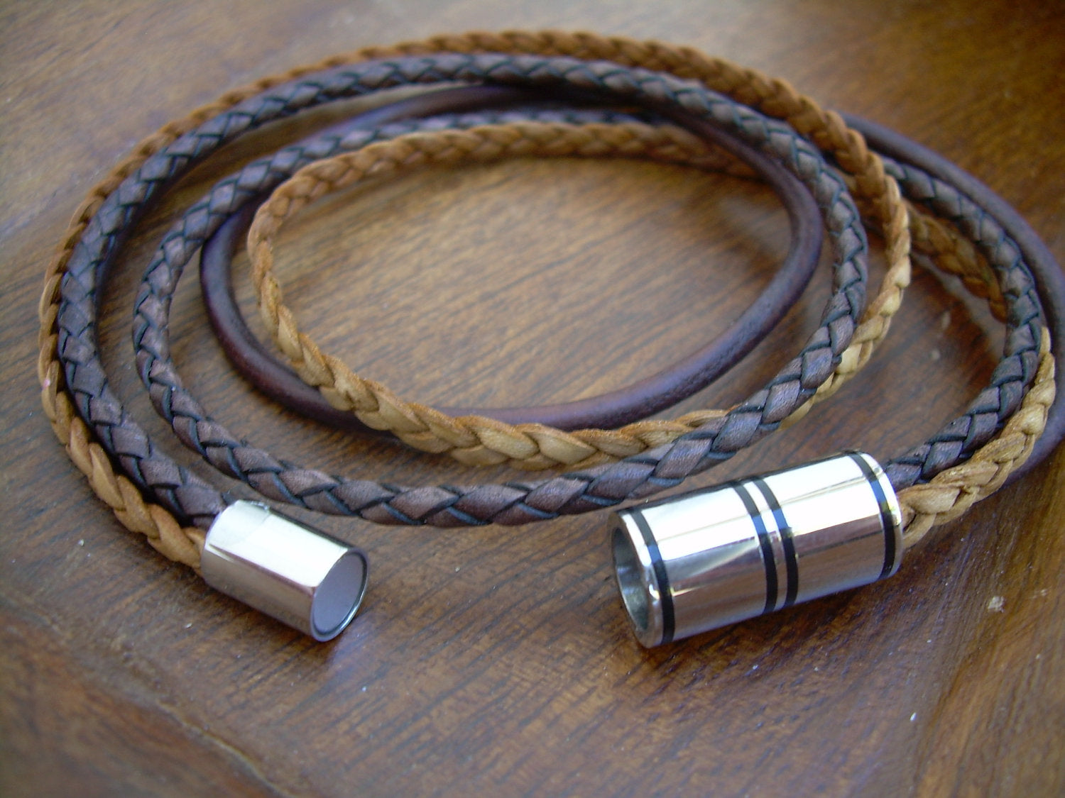 Men's brown leather double-wrap bracelet with multi-strand design and stainless steel magnetic clasp, stylish men's accessory.