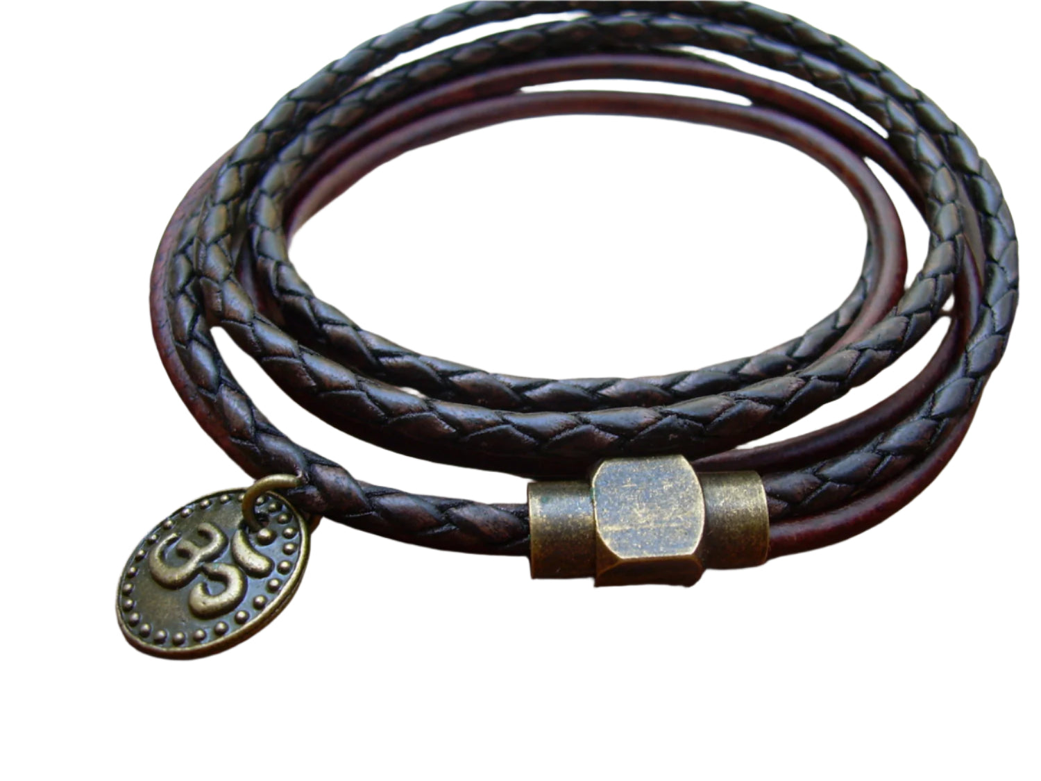 Dark brown leather bracelet with Om charm and antique brass magnetic clasp, triple wrap design, fits a 6-inch wrist.