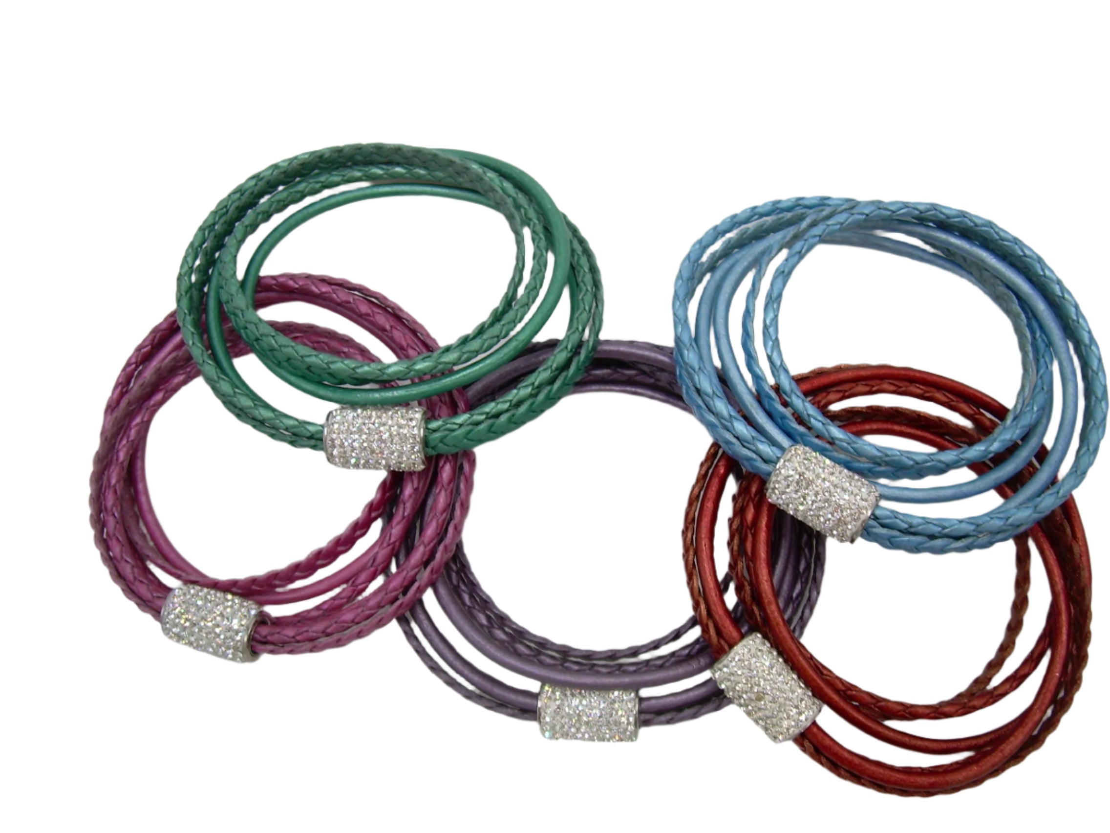 Women's rhinestone and leather wrap bracelet with stainless steel magnetic clasp, metallic pearl finish, fits 6-inch wrist.