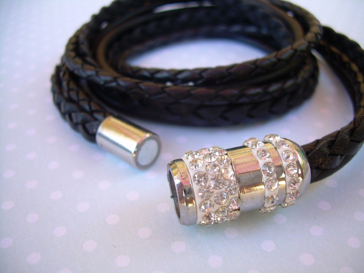 Women's triple wrap leather bracelet with stainless steel magnetic rhinestone clasp, metallic pearl finish, fits a 6-inch wrist.
